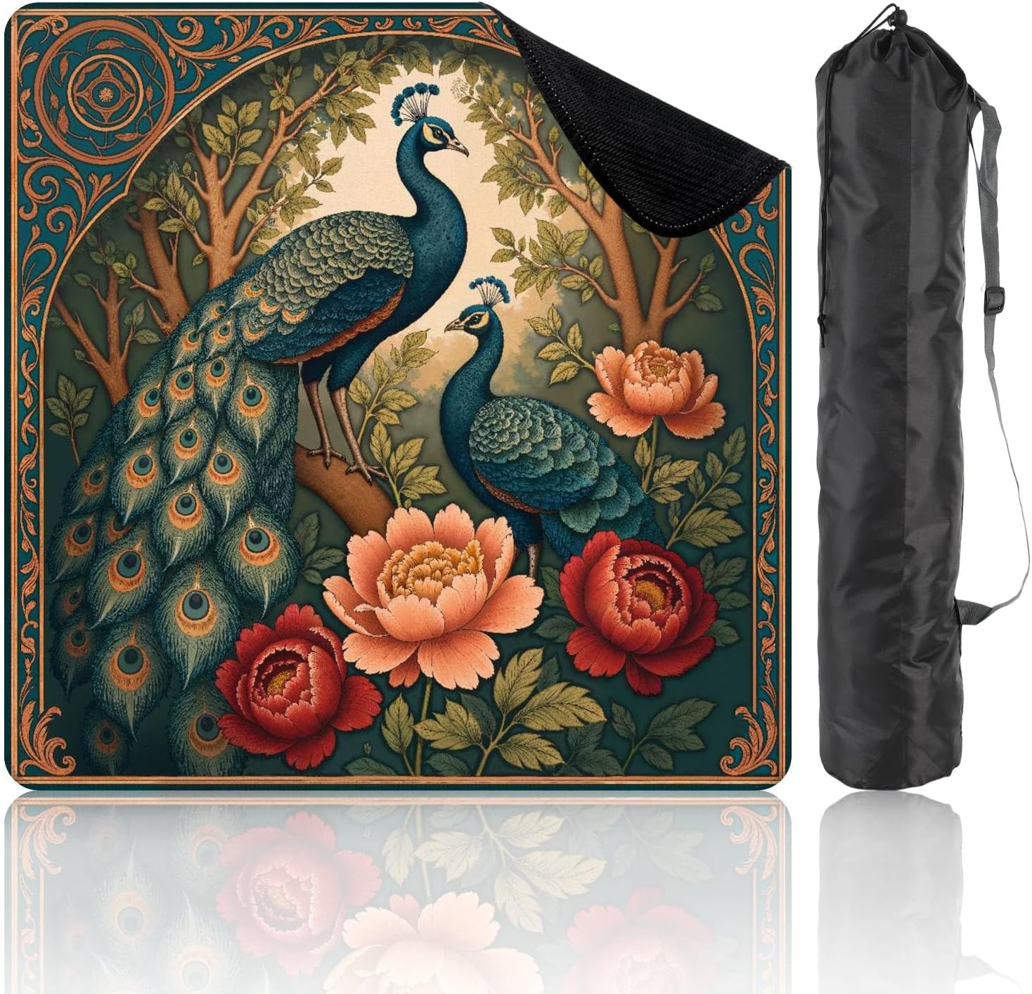 Mahjong Mat for Table Peacock Birds Surrounded by Blooming Flowers Elegant Vintage Art Style 31.5"x31.5" Non-Slip Noise Reduction American Mahjong Table Cloth for Poker Card Dominoes Tile Games Gifts