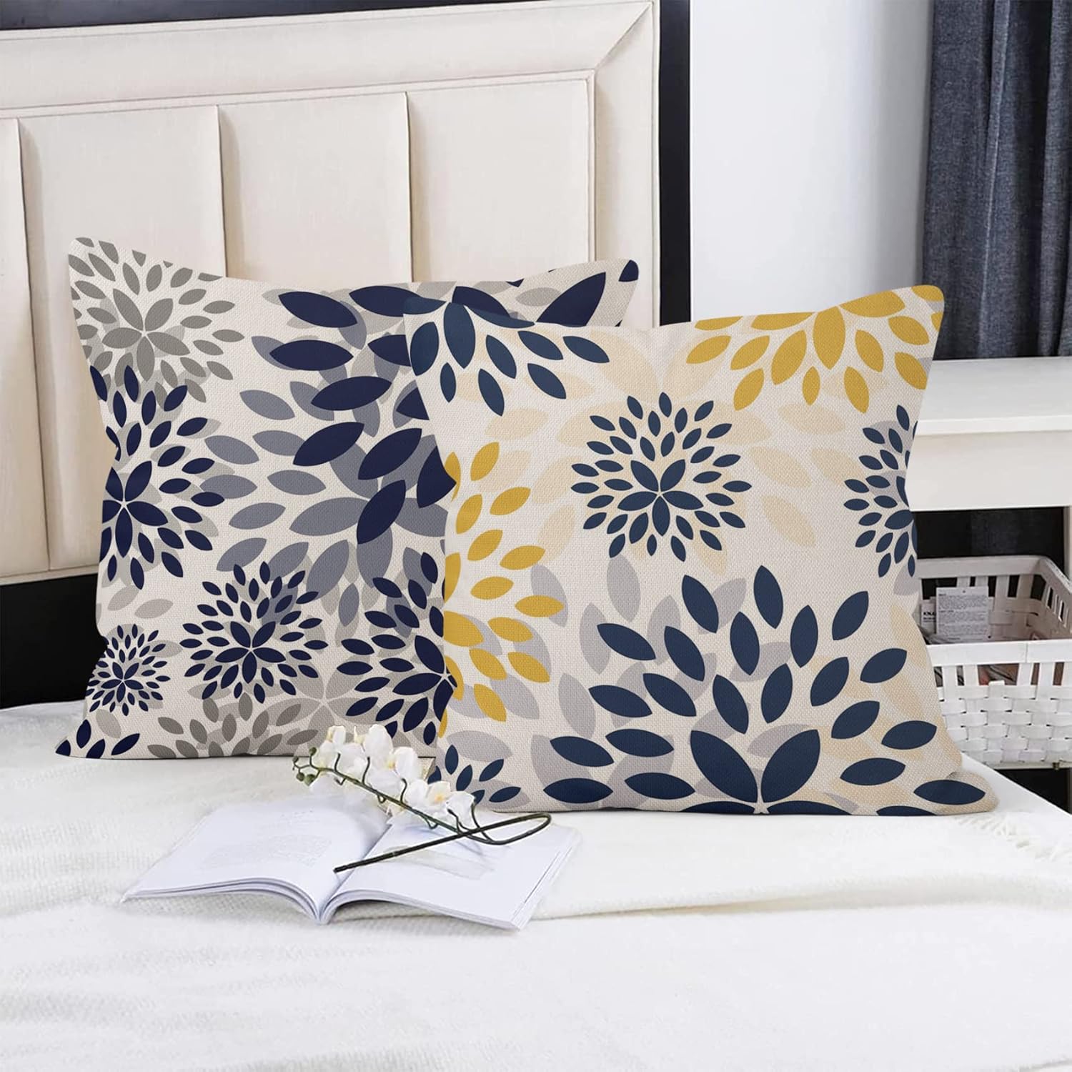 Yeele 20x20inches Throw Pillow Covers Set of 4 Navy Blue Gold Oversized Flower Geometry Square Pillow Cushion Cases Yellow and Gray Floral Modern Decorative Pillow Covers for Couch Sofa Bedroom Car