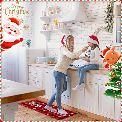 Miniatura 5 de Christmas Kitchen Rugs Set of 2 Xmas Kitchen Mats Merry Christmas Mats Red Black Buffalo Plaid Doormat Christmas Non Slip Backing Floor Mat Xmas