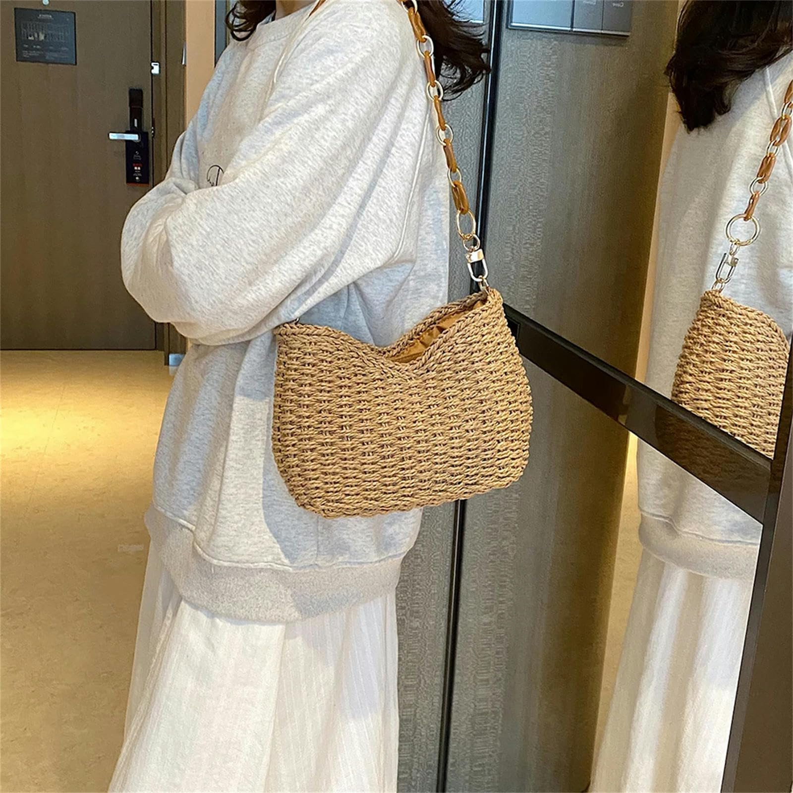 Strohtasche Strohhalm Für Frauen Gewebter Strandtasche Für Sommer Geldbeutel Casual Rattan Female Occine -tasche-beige