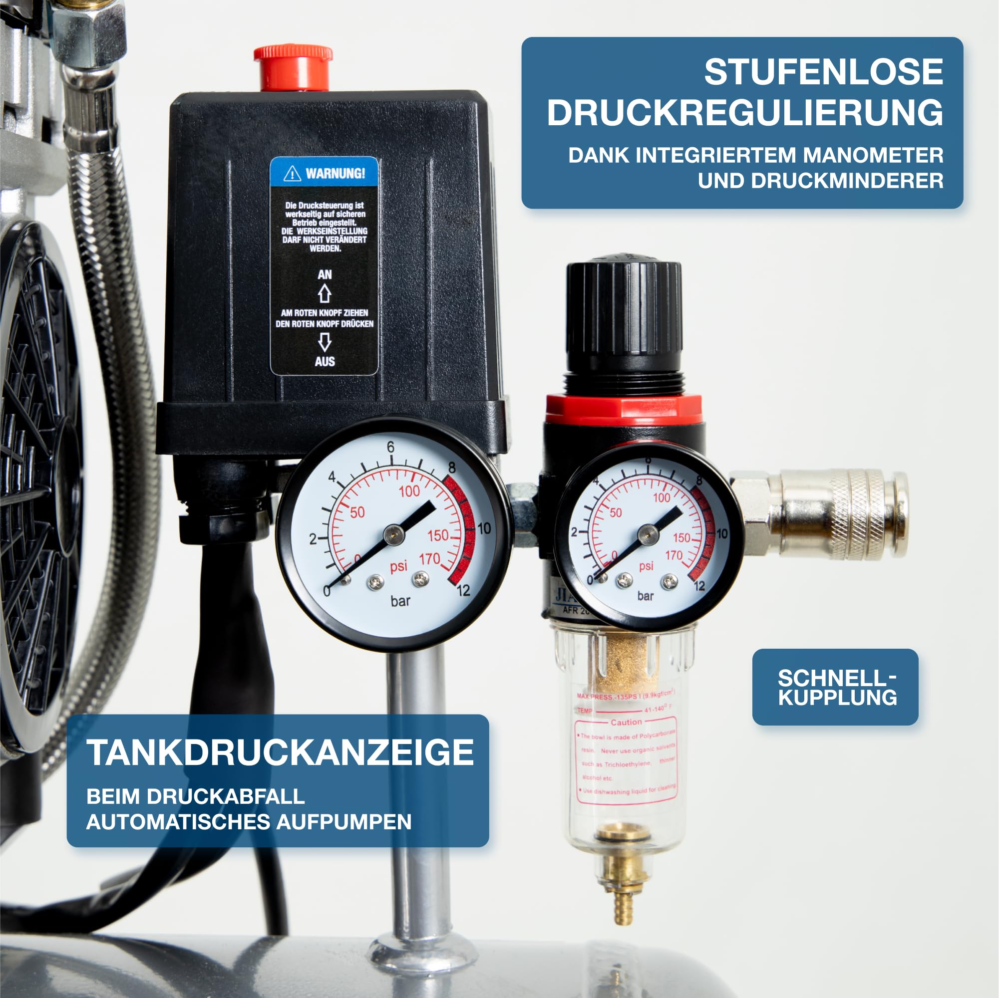 HYUNDAI Silent Kompressor SAC55753 | 50L Kessel, 8bar, ölfrei | 1.5kW / 2.0PS | Ansaugleistung 232 L/Min | Öl-Wasserabscheider | 59dB Luftkompressor leise, Flüster-Kompressor