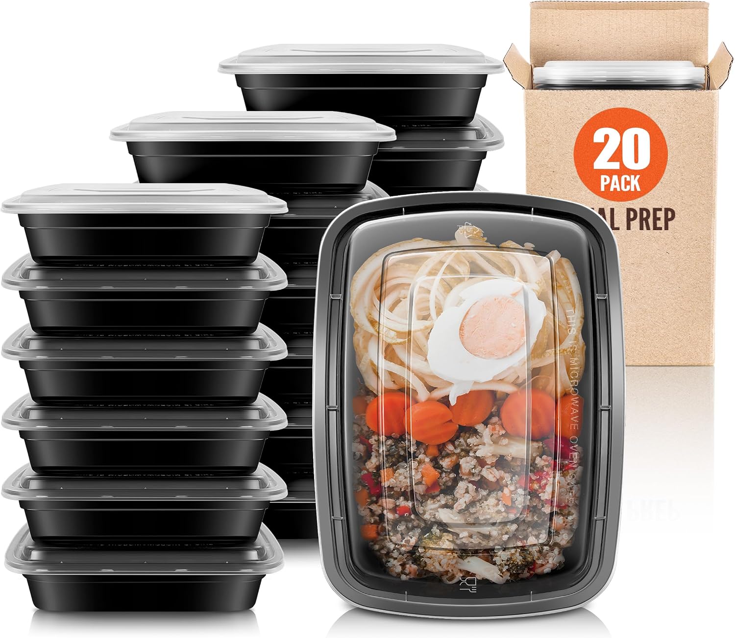 Teivio 20 Pack Plastic Meal Prep Containers Reusable, 1-compartment with Lids, 24oz Plastic Bento Lunch Box Food Storage Containers, Stackable, BPA Free, Microwave/Dishwasher/Freezer Safe