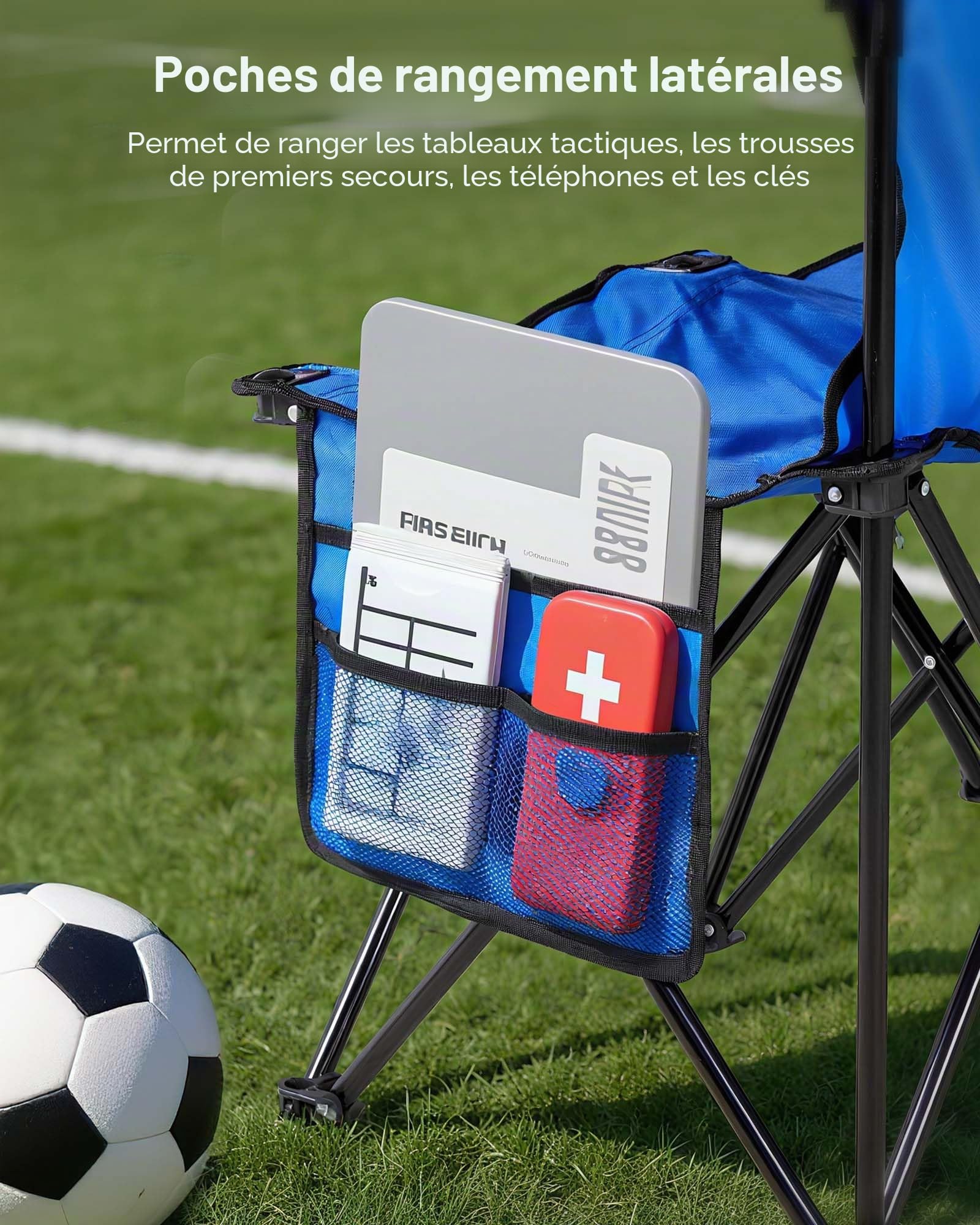 VEVOR Banc Pliant Portable à 8 Places, Banc de Camping Pliable avec Poches de Rangement et Sac de Transport, siège latéral léger avec Dossier pour Football, Baseball et événements en Plein air, Bleu