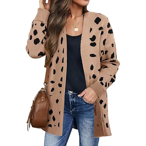 ZESICA Women's 2024 Fall Winter Long Sleeves Open Front Leopard Print Knitted Sweater Cardigan Coat Outwear