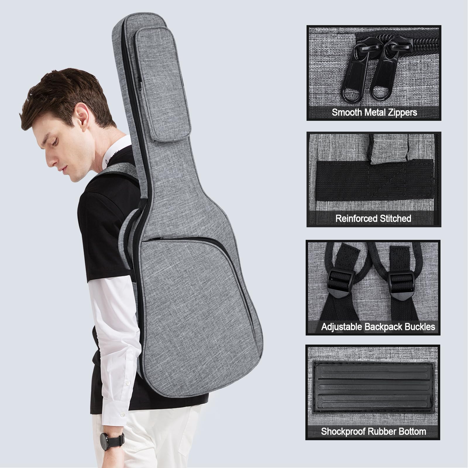 Bolsa suave para guitarra eléctrica de 39 pulgadas, funda suave para guitarra eléctrica, 11 mm de grosor, acolchada, impermeable, mochila para guitarra eléctrica con bolsillos, color gris, gris