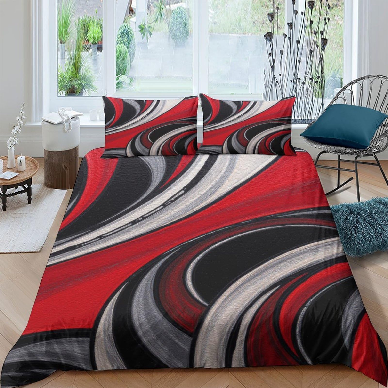 Ctjqhvkz Style-8 3D Printed Red Black Wave Fitted Sheet Microfiber Soft Breathable Silver Swirl Bed Cover For Bedroom Dorm Decor Single（135X200cm）