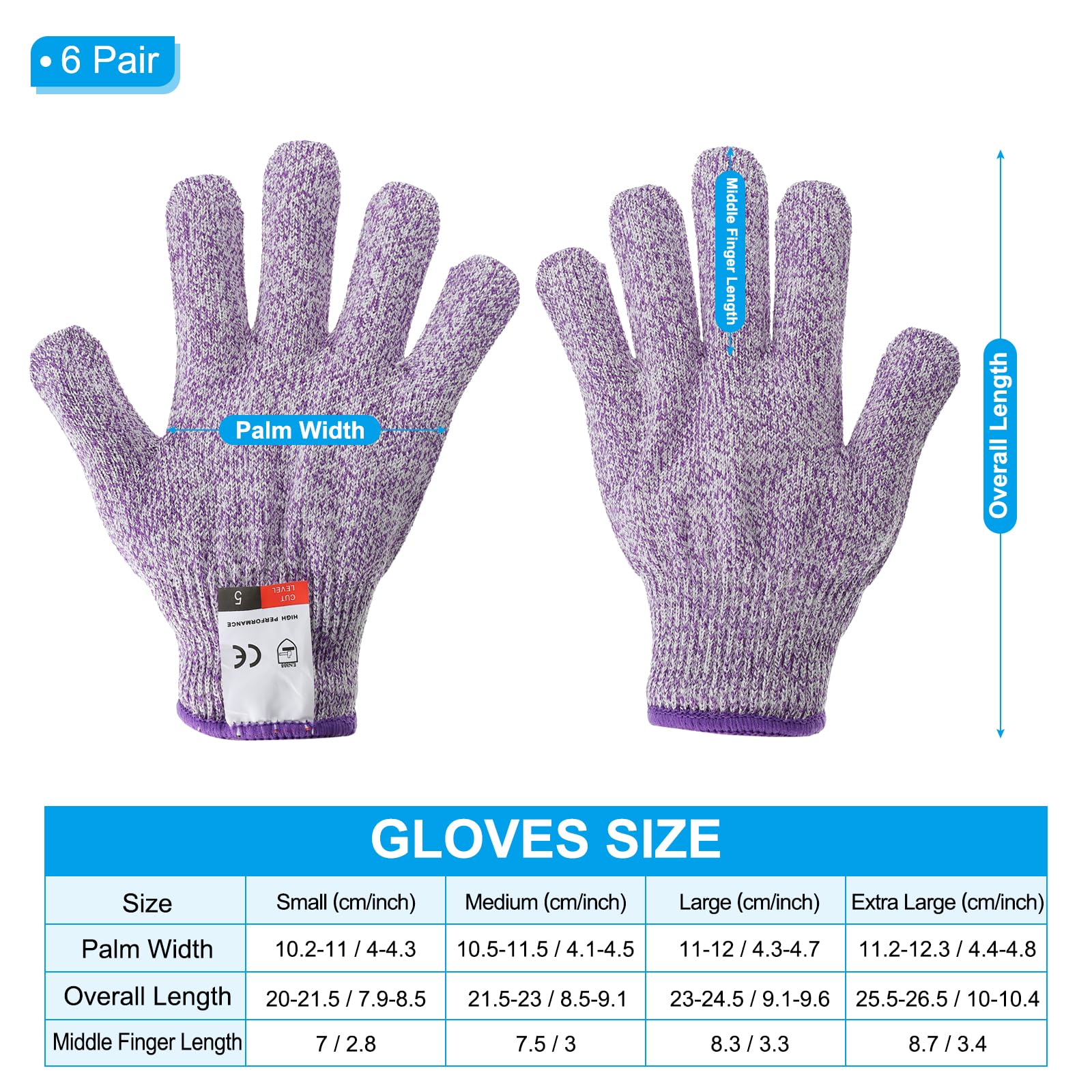 PATIKIL Cut Resistant Gloves, 6 Pair Level 5 Protection Anti Cutting Gloves Cut Proof Gloves for Kitchen Wood Carving Working, Large, Purple