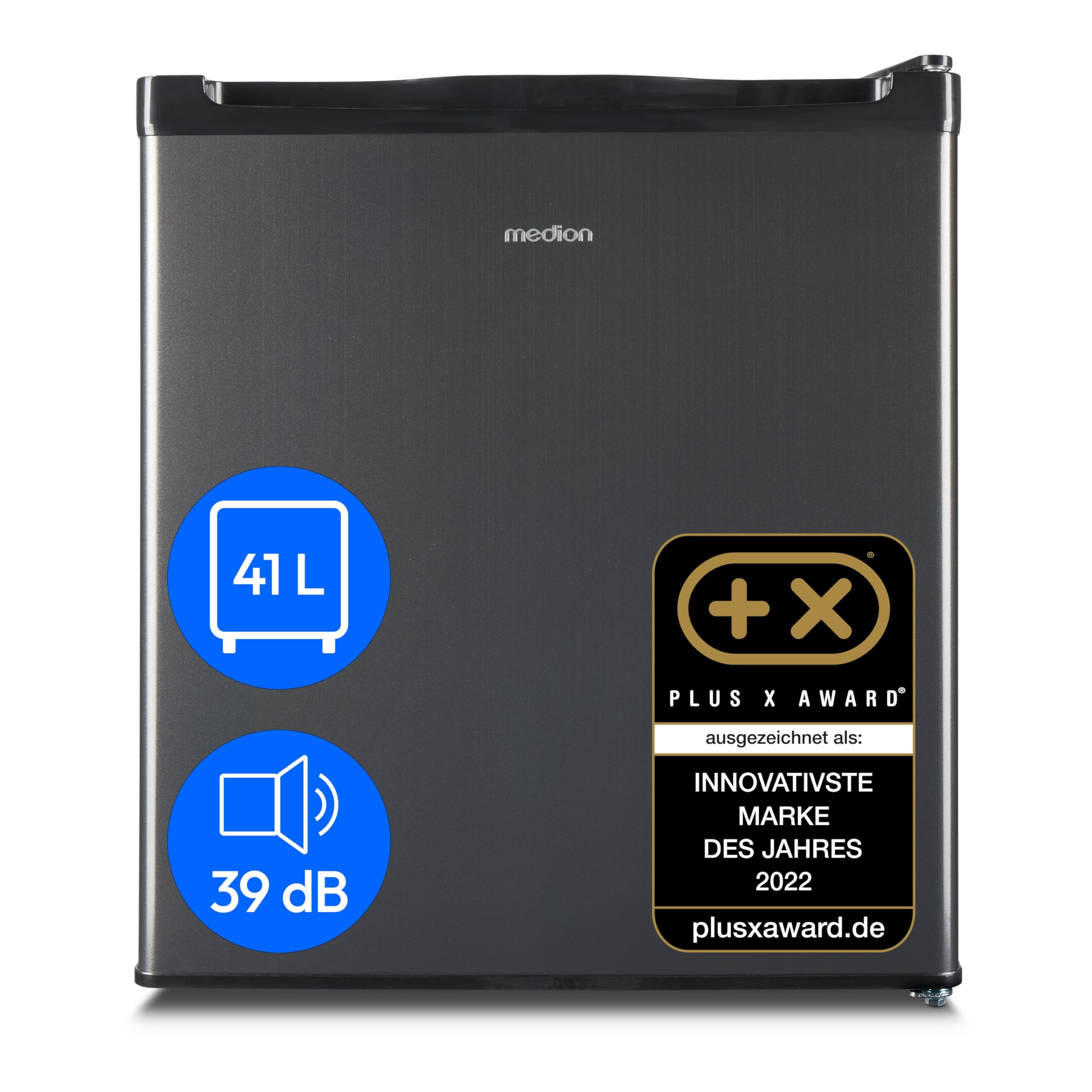 MEDION mini Kühlschrank mit Gefrierfach (klein, leise, 41L kleiner Kühlschrank für Büro Hotels Minibar Camping Gaming, Getränkekühlschrank, Speisen & Eis, Türanschlag wechselbar, MD37724) grau