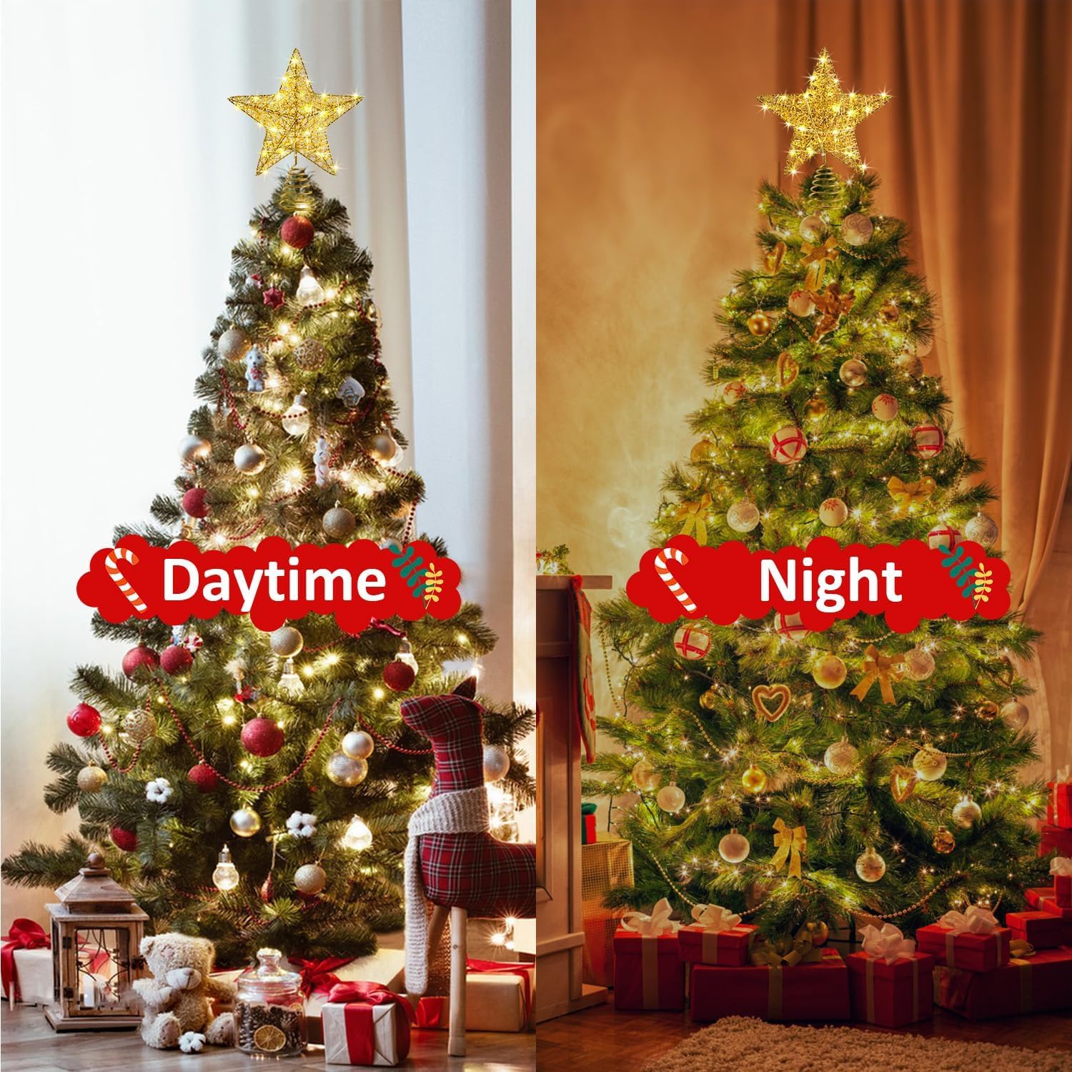 Estrella para Copa del Árbol de Navidad con Luz, Estrella Superior 10 Luces LED Estrella De áRbol De Navidad, Oro