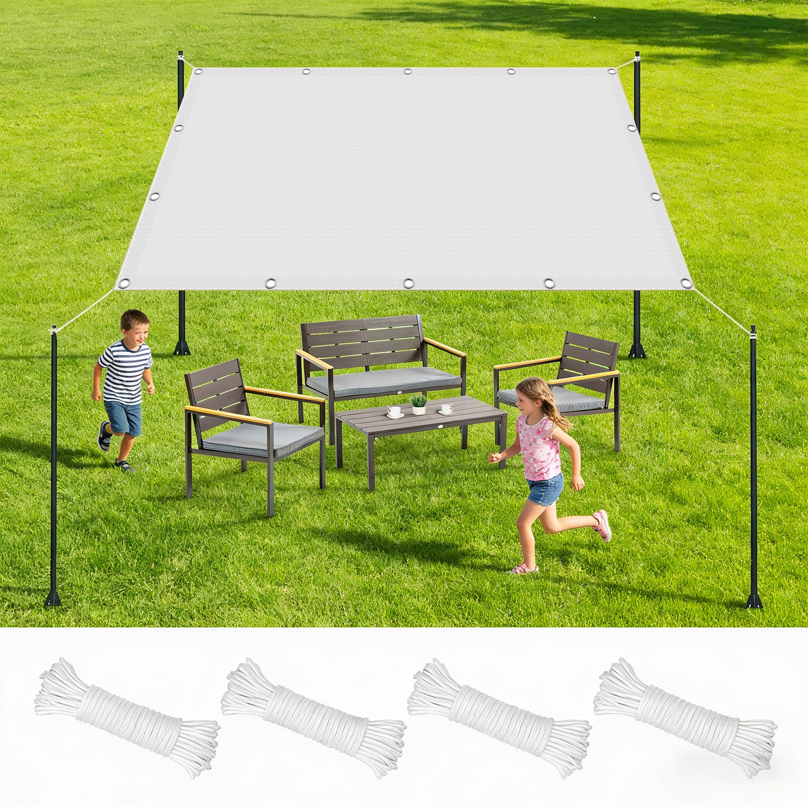 Voile d'ombrage rectangulaire 6x10m blanc imperméable en polyester avec cordes