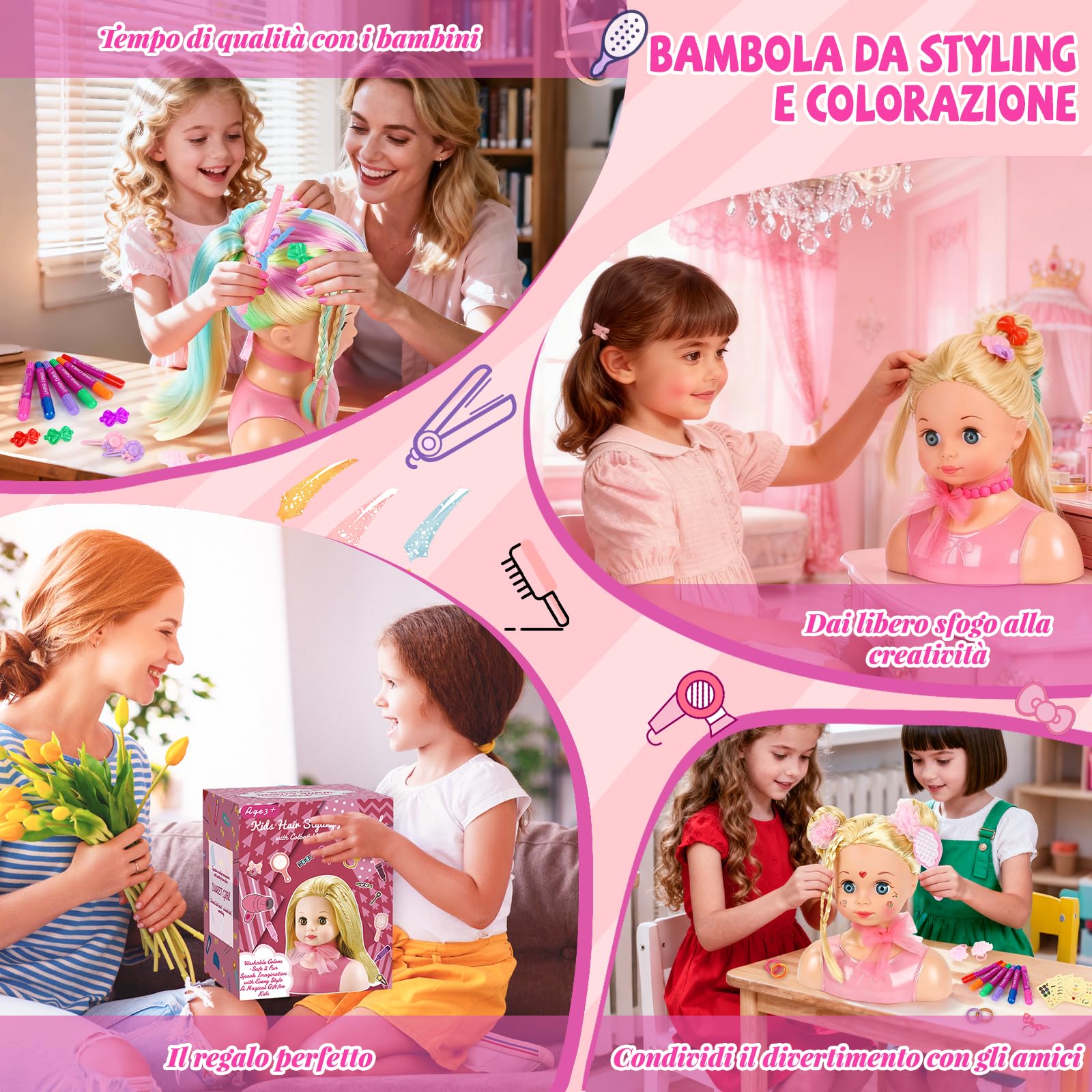 Testa Bambola da Truccare e Pettinare, Bambola Parrucchiere per Bambini, Lavabili Parrucchiere Testa Giocattolo con Forcine Regalo per Ragazze 4 5 6 7 8 Anni