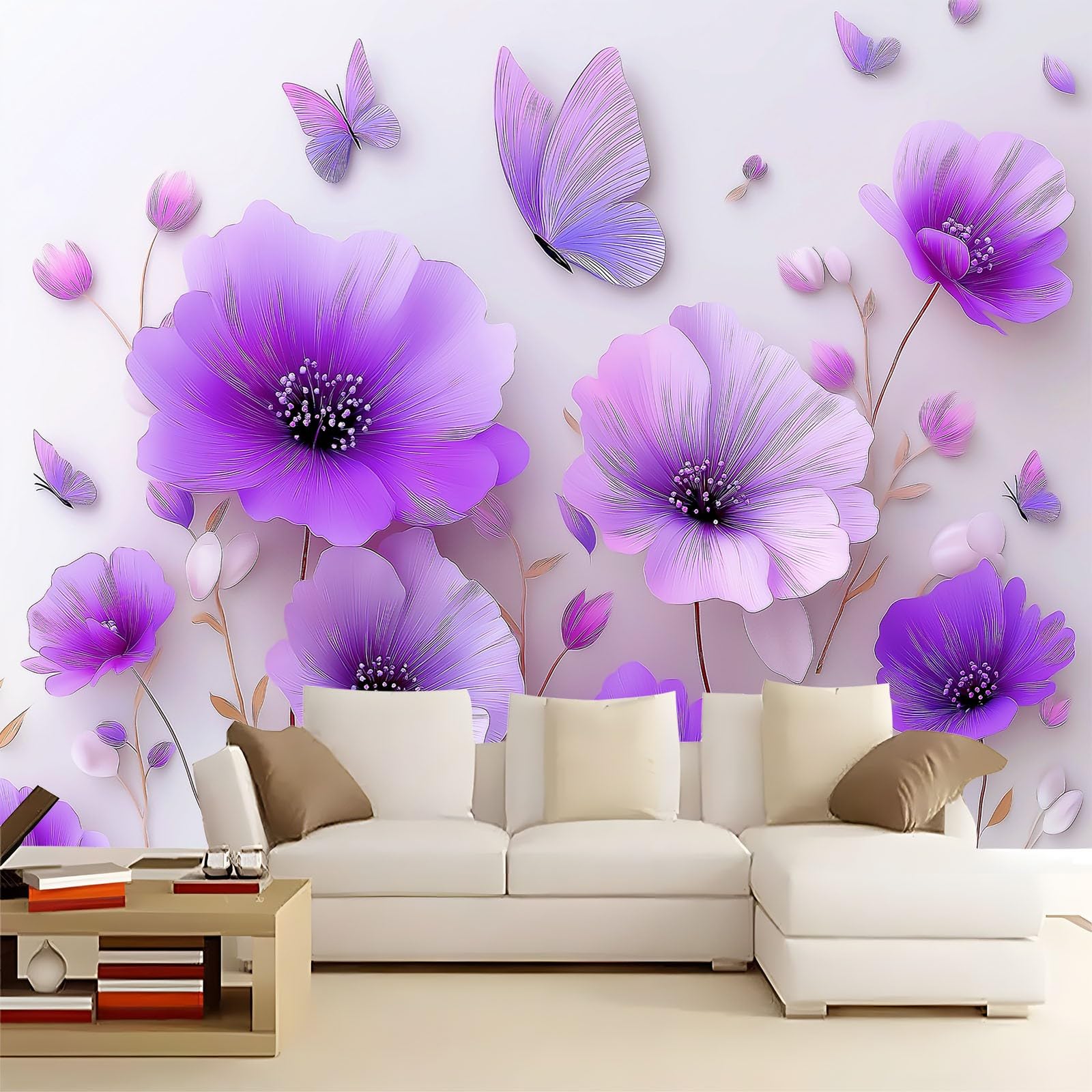 Panoramiczna tapeta 3D nowoczesny estetyczny kwiatowy motyl botaniczny liliowy 200 x 140 cm, tapeta z włókniny - fresk ścienny do salonu, sypialni i biura, dekoracja ścienna druk HD