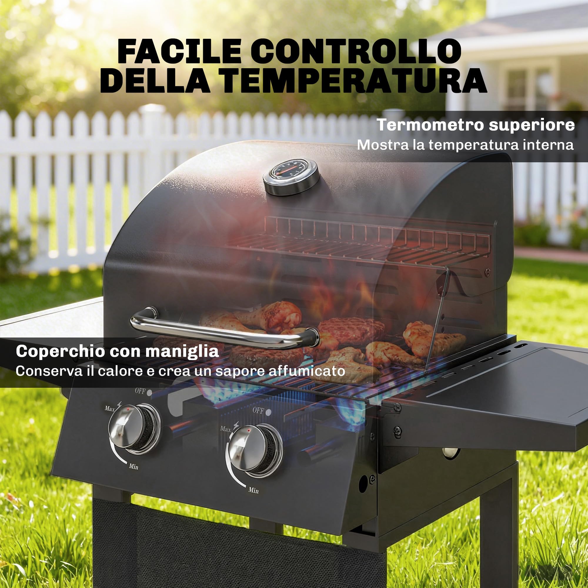 Outsunny Barbecue a Gas 2 Bruciatori 5.4 KW BBQ Portatile con Griglia Ripiani Pieghevoli Coperchio Termometro Ruote Nero