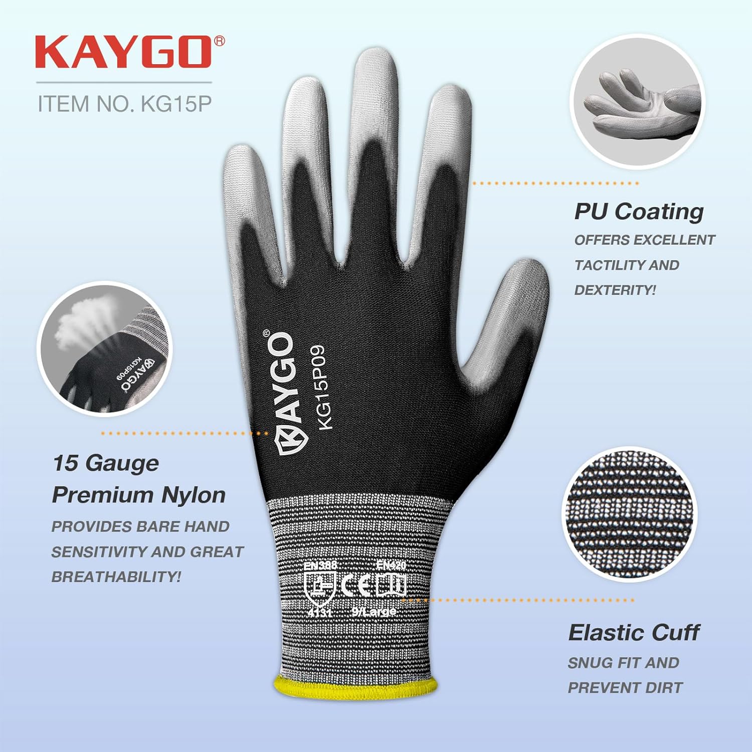 KAYGO Ultra Thin PU Coated Safety Work Gloves, 12 Pairs Nylon Knit, High Dexterity Anti-Slip Breathable Light Duty Gloves for Precision, Warehouse, DIY & Electronics (M,Gray)