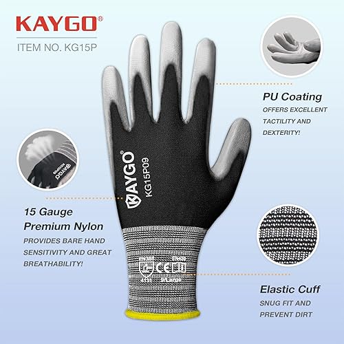 Miniatura 8 de KAYGO Guantes de trabajo con revestimiento de poliuretano, 12 pares KG15P, guantes de trabajo de seguridad de poliuretano de nailon Lite con dedos
