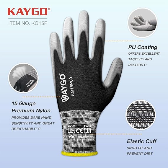 KAYGO Ultra Thin PU Coated Work Gloves, Nylon Knit, KG15P, 12 Pairs | High Dexterity, Anti-Slip, Breathable & Lightweight, For Precision Handling, Warehouse, Diy, Auto Repair & Electronics