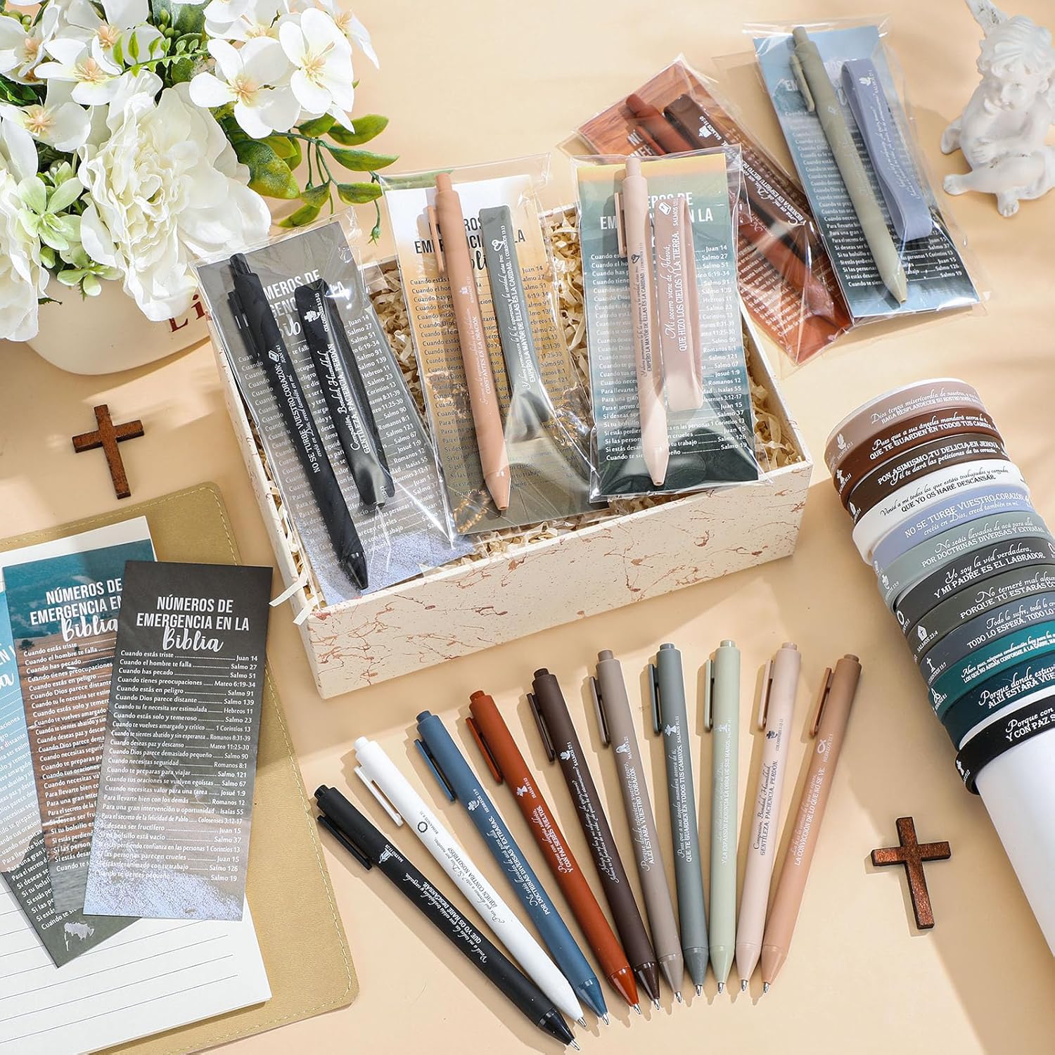 100 Pcs Christian Gifts Bulk Valentines Bible Verses Bookmarks Silicone Scripture Bracelets and Religious Pens Church Welcome Gifts for Women Men Pastor(Elegant,Spanish) - Image 4