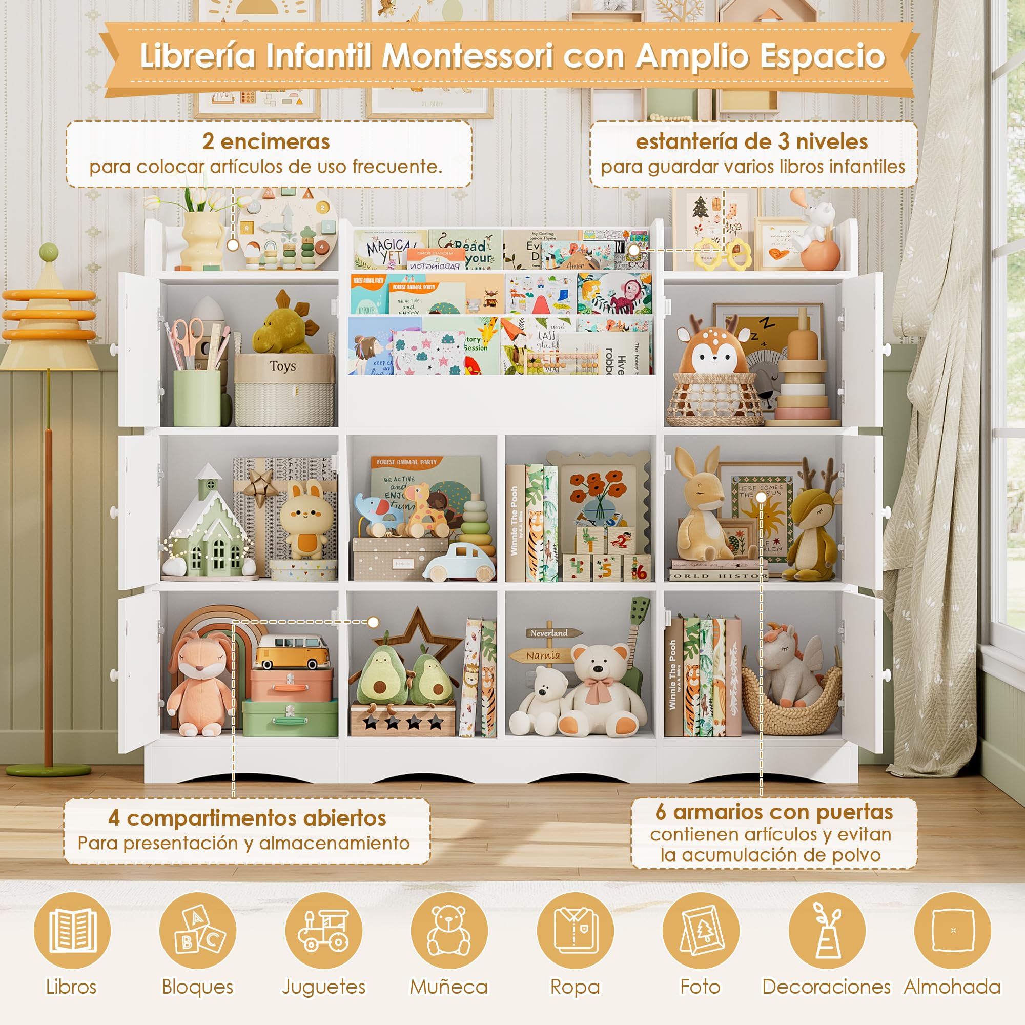 FOREHILL Organizador Juguetes, 6 Armarios con Puertas, Blanco | Estanteria Infantil, 6 Armarios con Puertas, 4 Estantes Abiertos para Dormitorios Guardería, 140x30x106cm