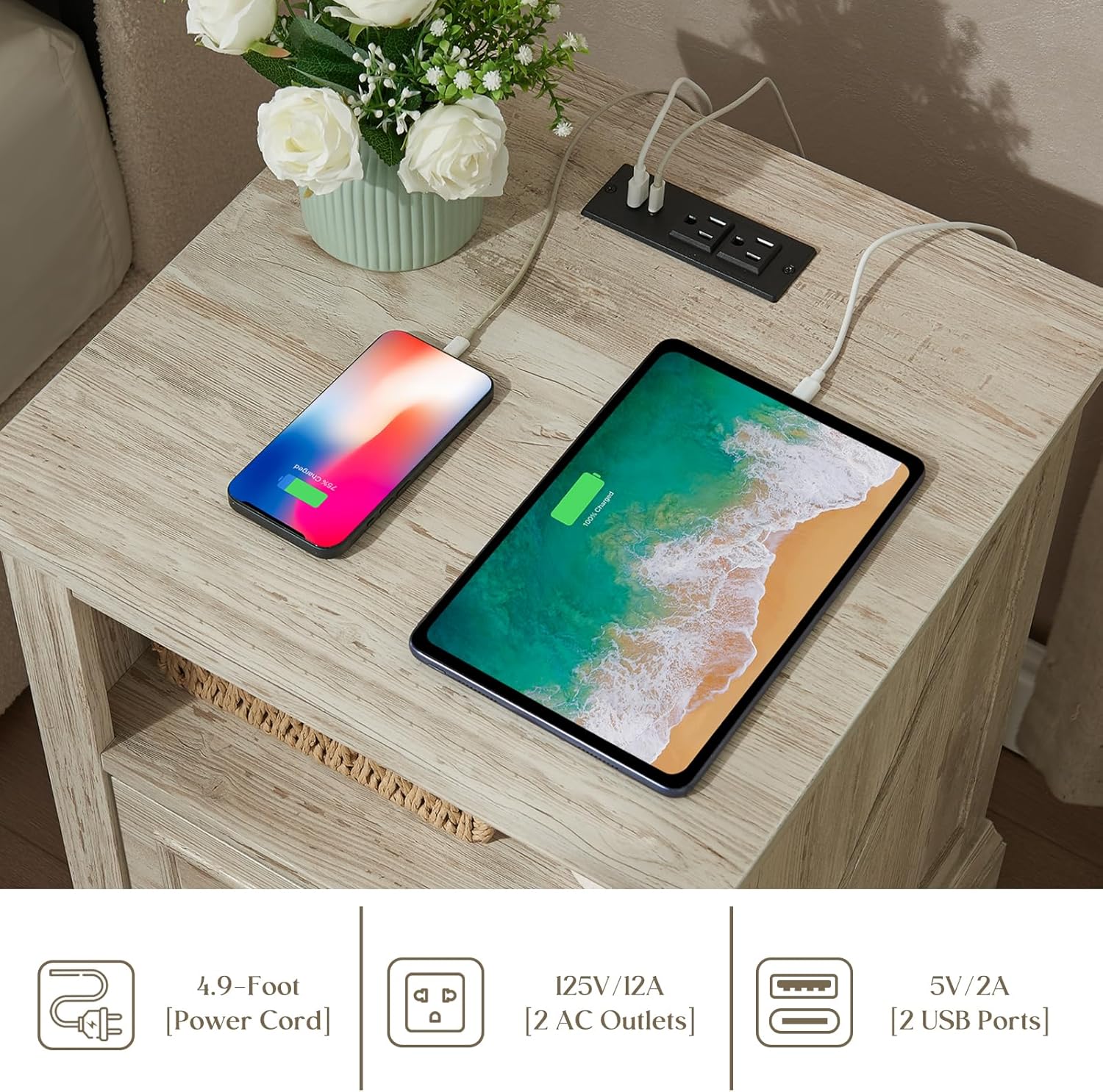 QUW Nightstand with Charging Station, Side Table with 2 Drawers and Open Storage, 18" Retro Bedside Table, End Table for Bedroom, Living Room, Washed Gray