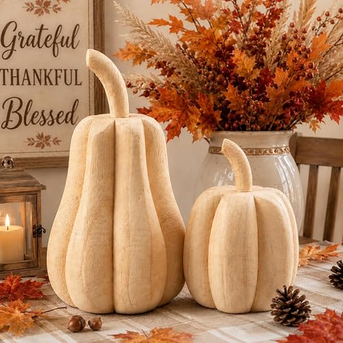 Barydat 2 Pcs Paulownia Wood Carved Pumpkins Thanksgiving Farmhouse Table