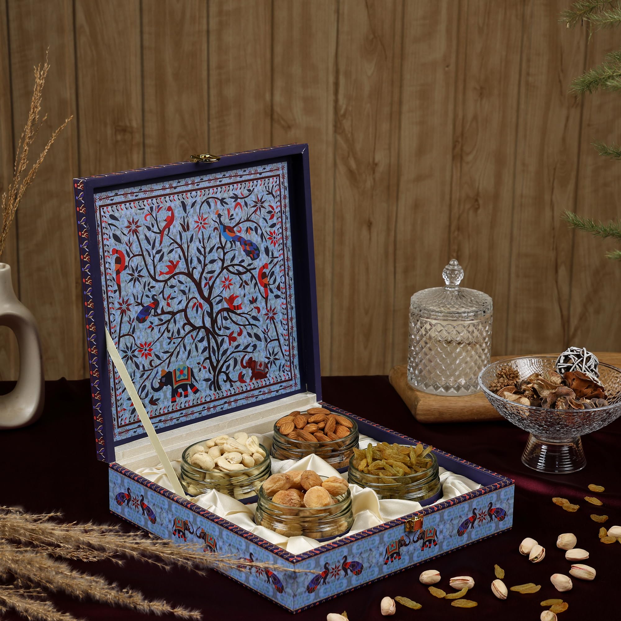 Riwaz Luxury Blue Peacock Gift Box Elegance with Gourmet Delights | 4 Salsa Jars filled with Almond, Cashew, Raisins and Khumani | A Thoughtful Present for Corporates, Wedding & Festival Gifting