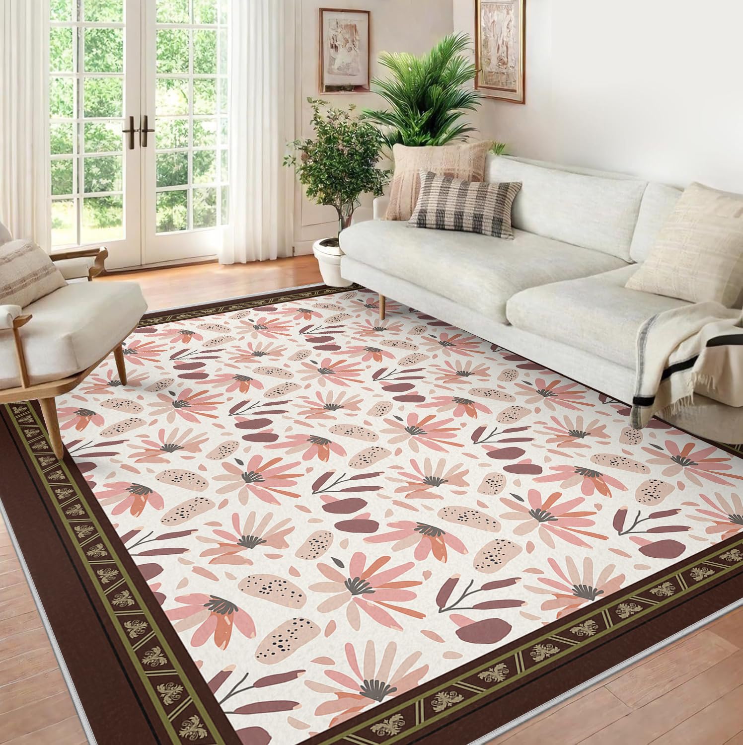 Dywan Area 200 x 300 cm, duży, miękki, do wnętrz, styl boho, rustykalny, botaniczny, z antypoślizgowym gumowym podkładką, do pokoju dziecięcego, biura, sypialni, wypalony pomarańczowy