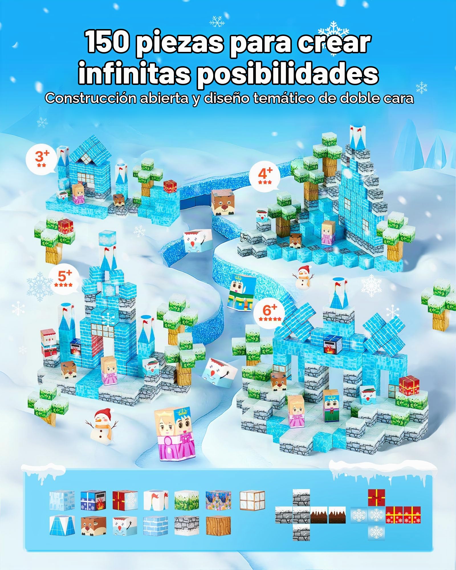 VEVOR Bloques Magnéticos, Juego de 150 Piezas de Castillo Glaciar Cubos de Construcción Magnéticos, Juguetes Sensoriales Stem Montessori de Construcción Apilable para Niños de 3 Años o Más
