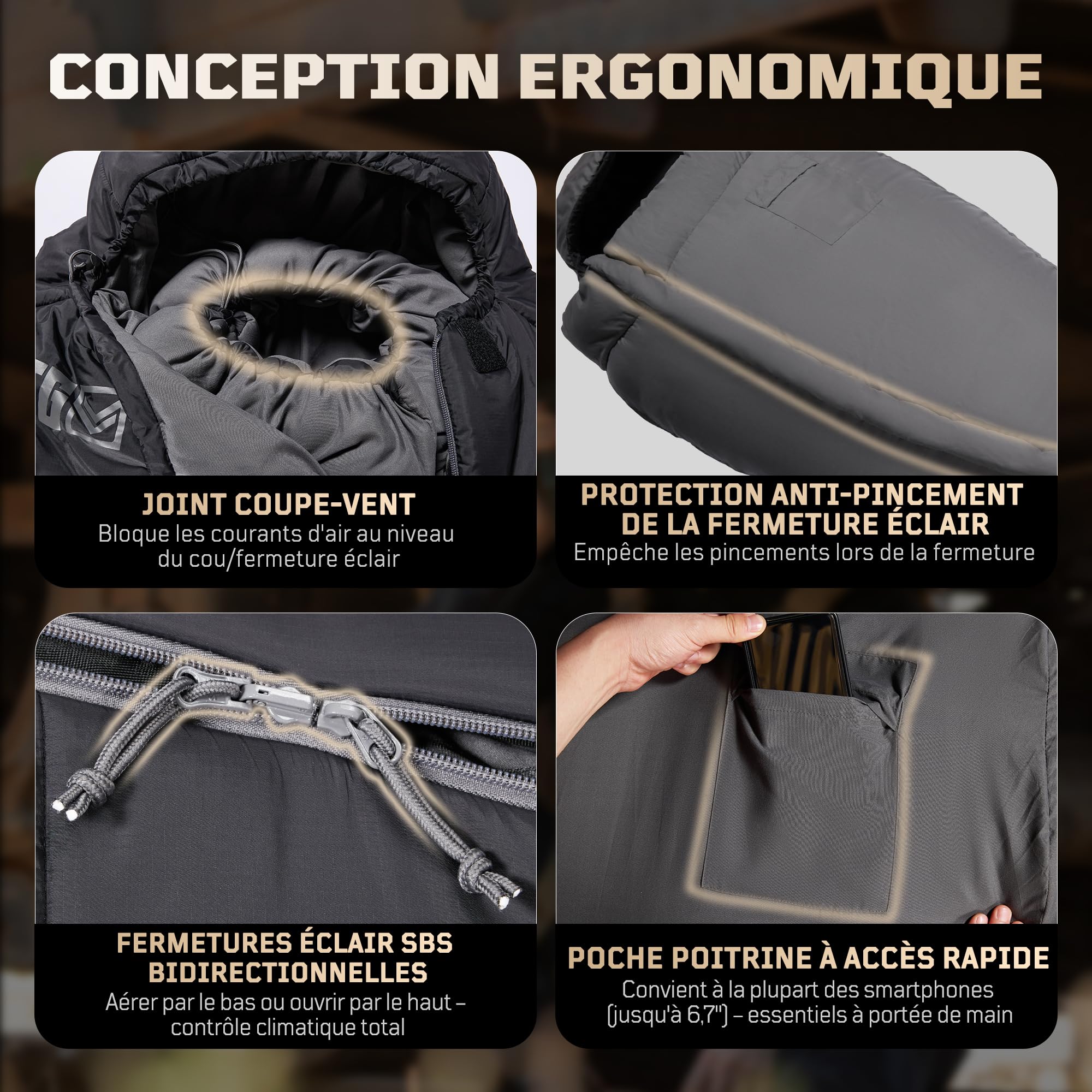 Sac de Couchage Momie 3 Saisons Adulte, Léger et Compact, Déperlant, Confort pour Nuits Fraîches, Idéal pour Camping, Vanlife, Festival et Road Trip, jusqu'à 185 cm