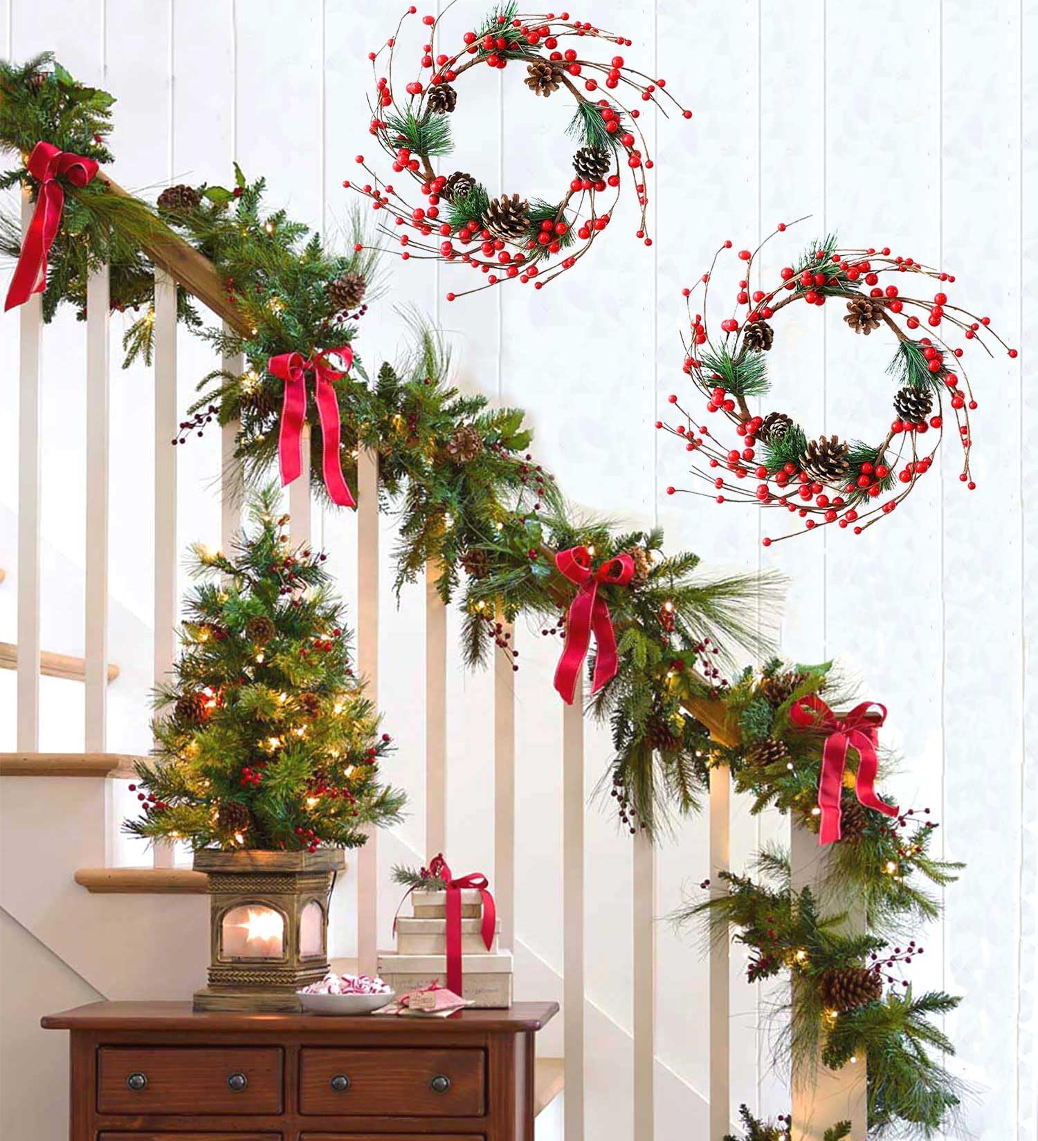 Künstlicher Weihnachtskranz, 30,5 cm, 2 Stück, handgefertigt, Rattan, kleine Weihnachtstür, zum Aufhängen mit roten Beeren, Tannenzapfen für drinnen und draußen, DIY-Weihnachtsdekoration, Wand,