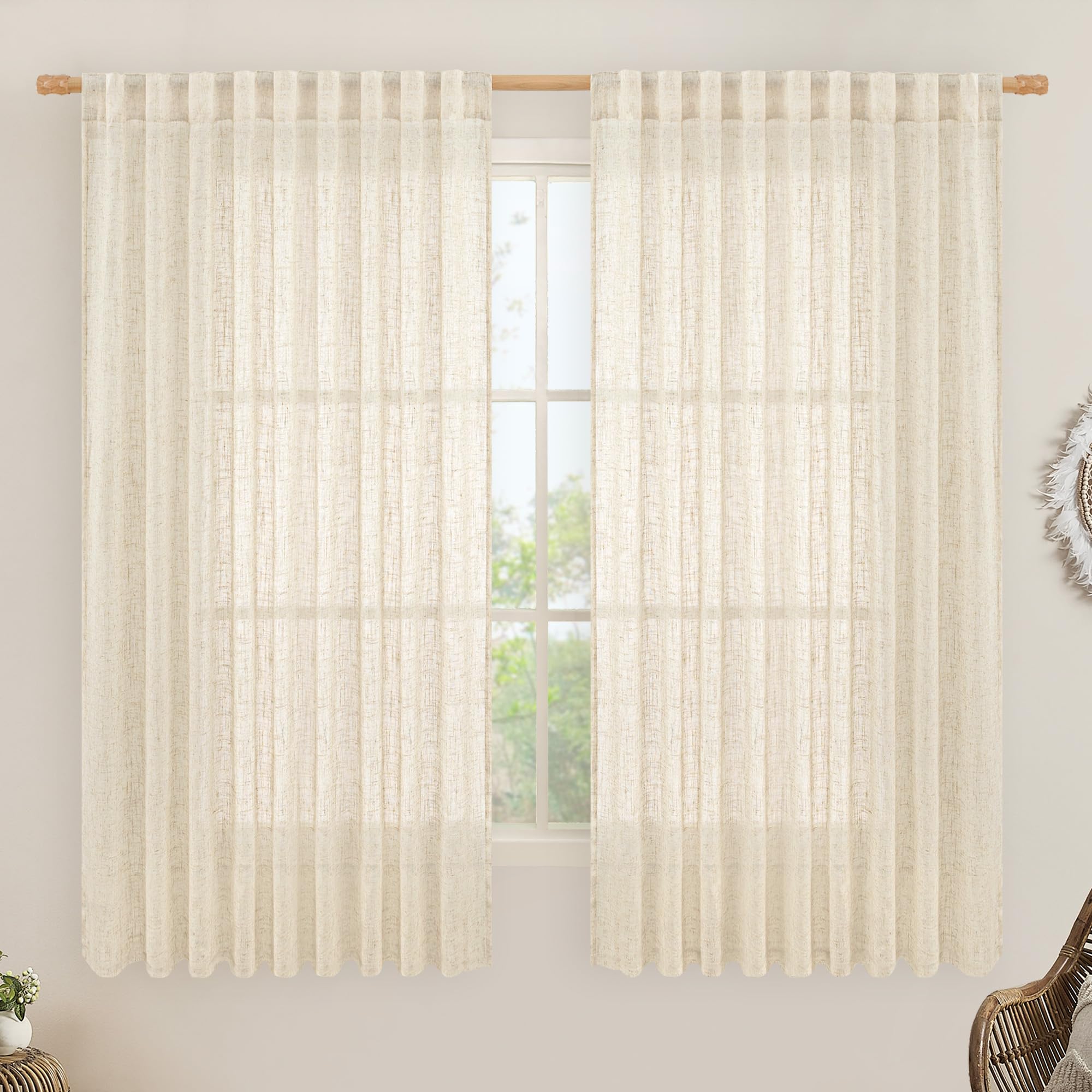 LAMIT Beige Linen Curtains 63 inches Long, Light Filtering Linen Textured Semi Sheer Back Tab and Rod Pocket Boho Drapes for Bedroom/Living Room, 2 Panels, 70 x 63 Inch — image 1
