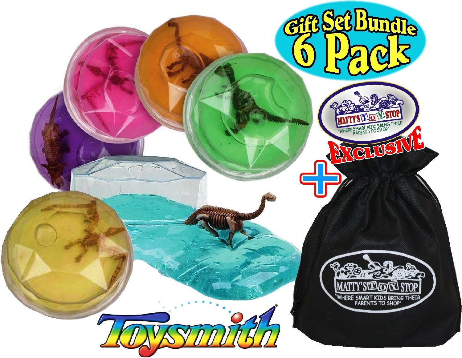 Toysmith Dinosaur Putty Fossil Discovery (Slime) Complete Gift Set Party Bundle with Exclusive Matty's Toy Stop Storage Bag - 6 Pack