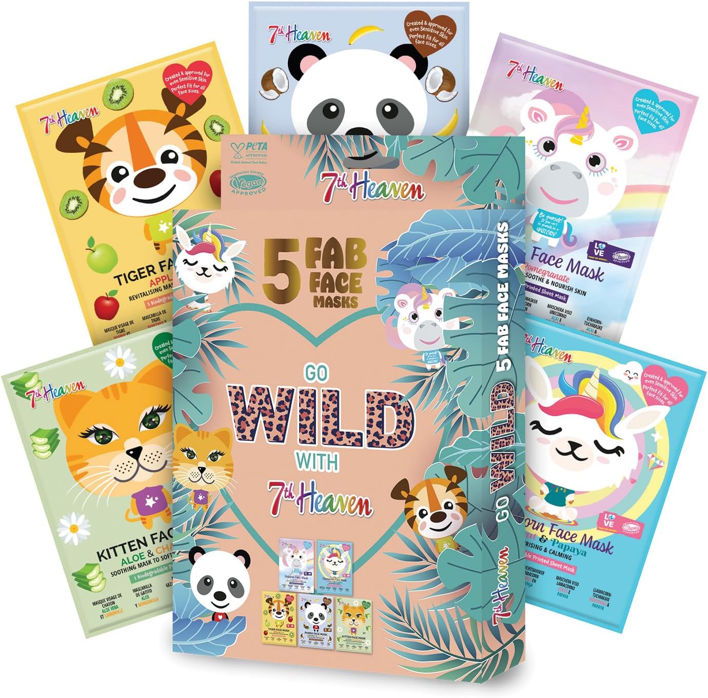Go Wild Face Mask Gift Set - 5 Fun Animal Themed Skin Care Sheet Masks - Unicorn, Llamacorn, Panda, Tiger and Kitten