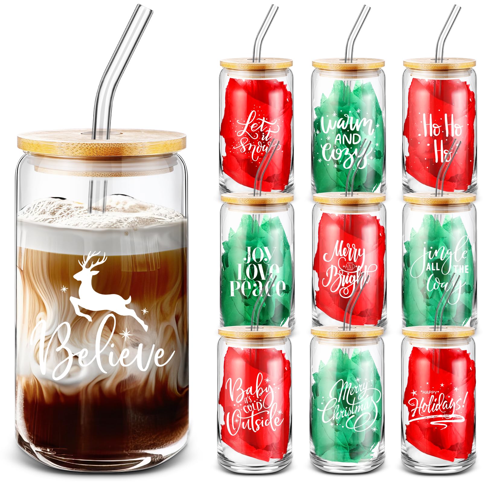 Layhit 11 tazze da caffè natalizie in vetro con citazioni, 470 ml, con coperchi e cannucce, divertenti tazze da caffè in vetro per donne e colleghi