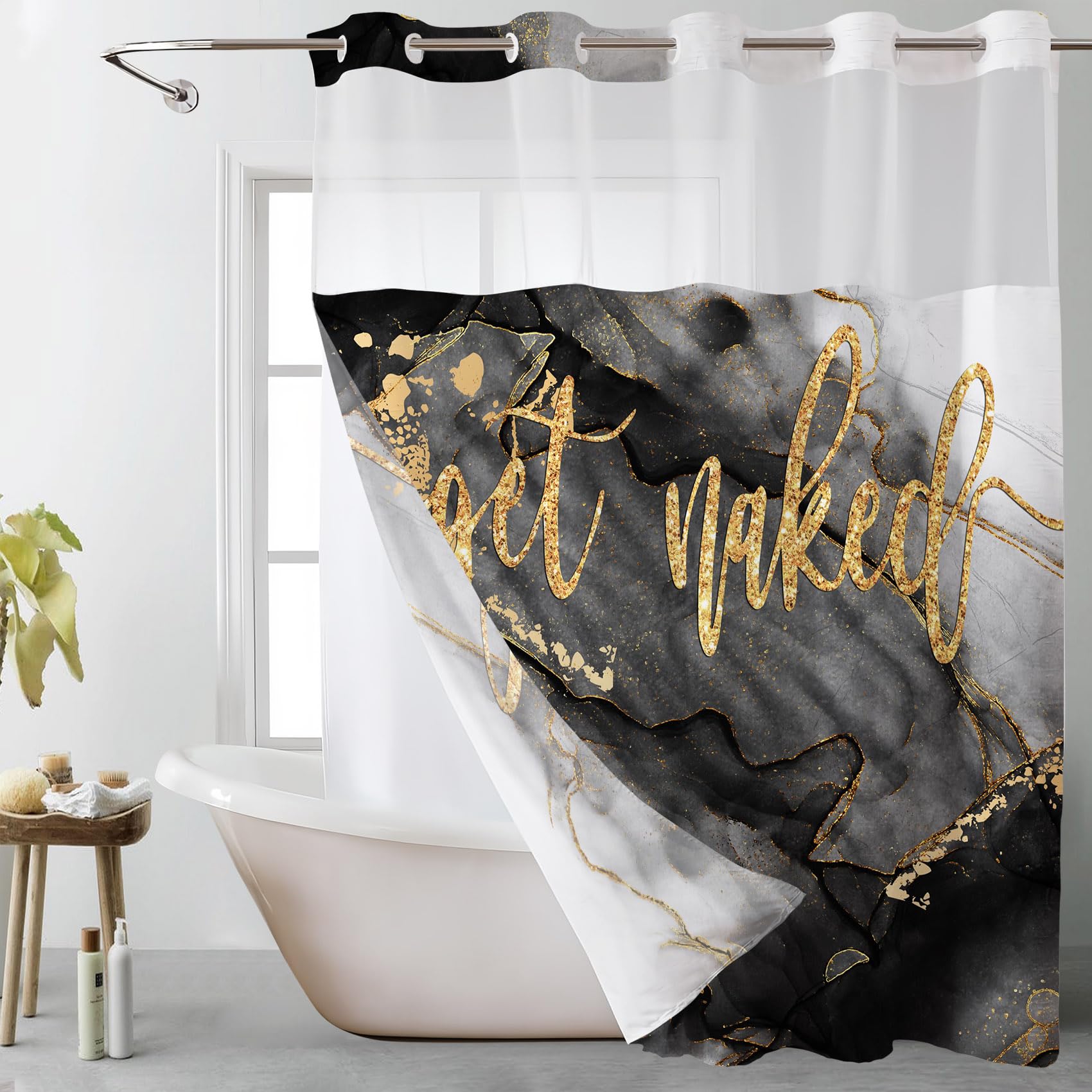 Rideau de douche en marbre noir doré LB avec doublure clipsable et maille