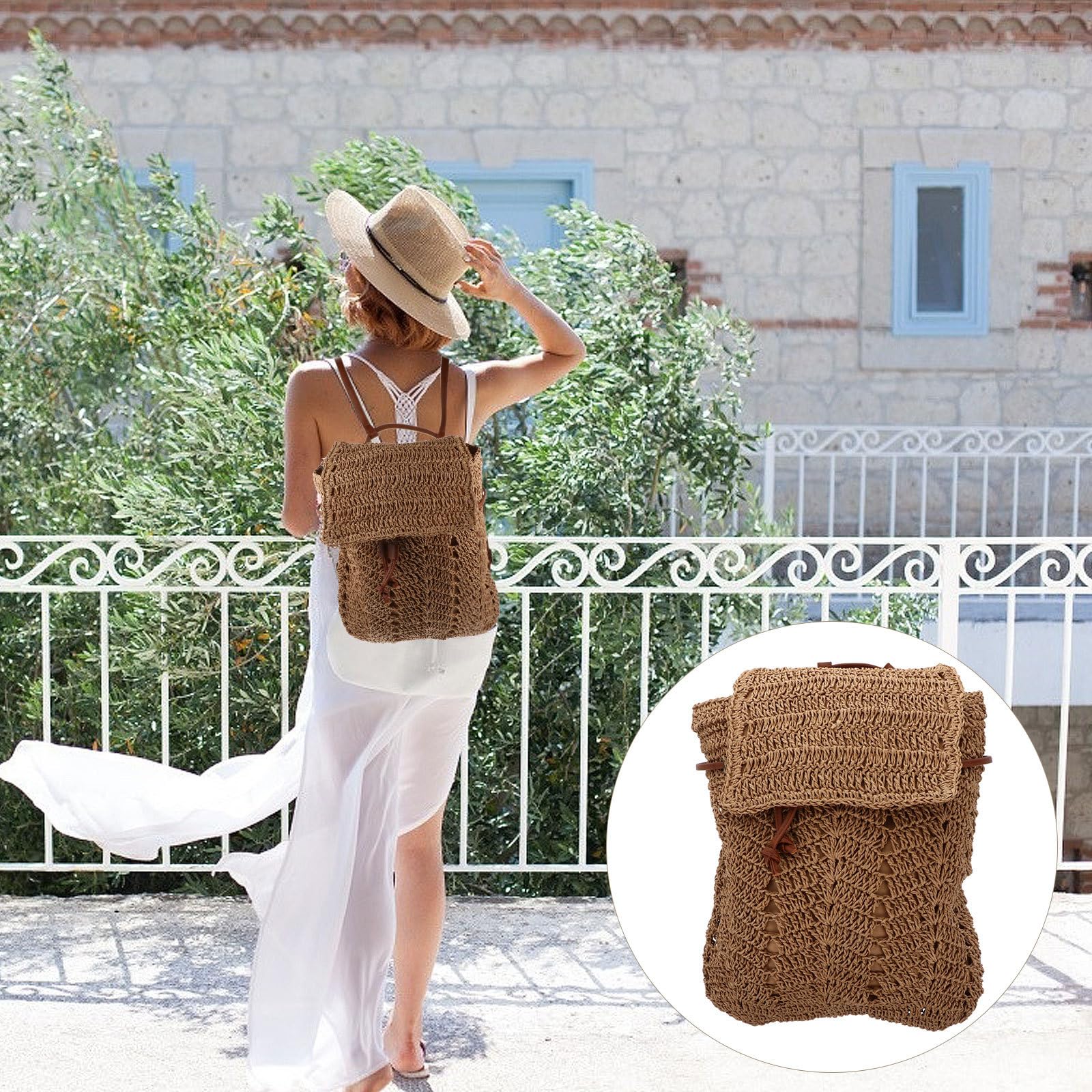 HOMSFOU Bolso de Paja Tejido Ligero de Hombro y Mochila Dos en Uno, Color Marrón Claro, Bolsa de Playa de Verano para Mujer, Mochila de Almacenamiento Resistente para Uso Diario