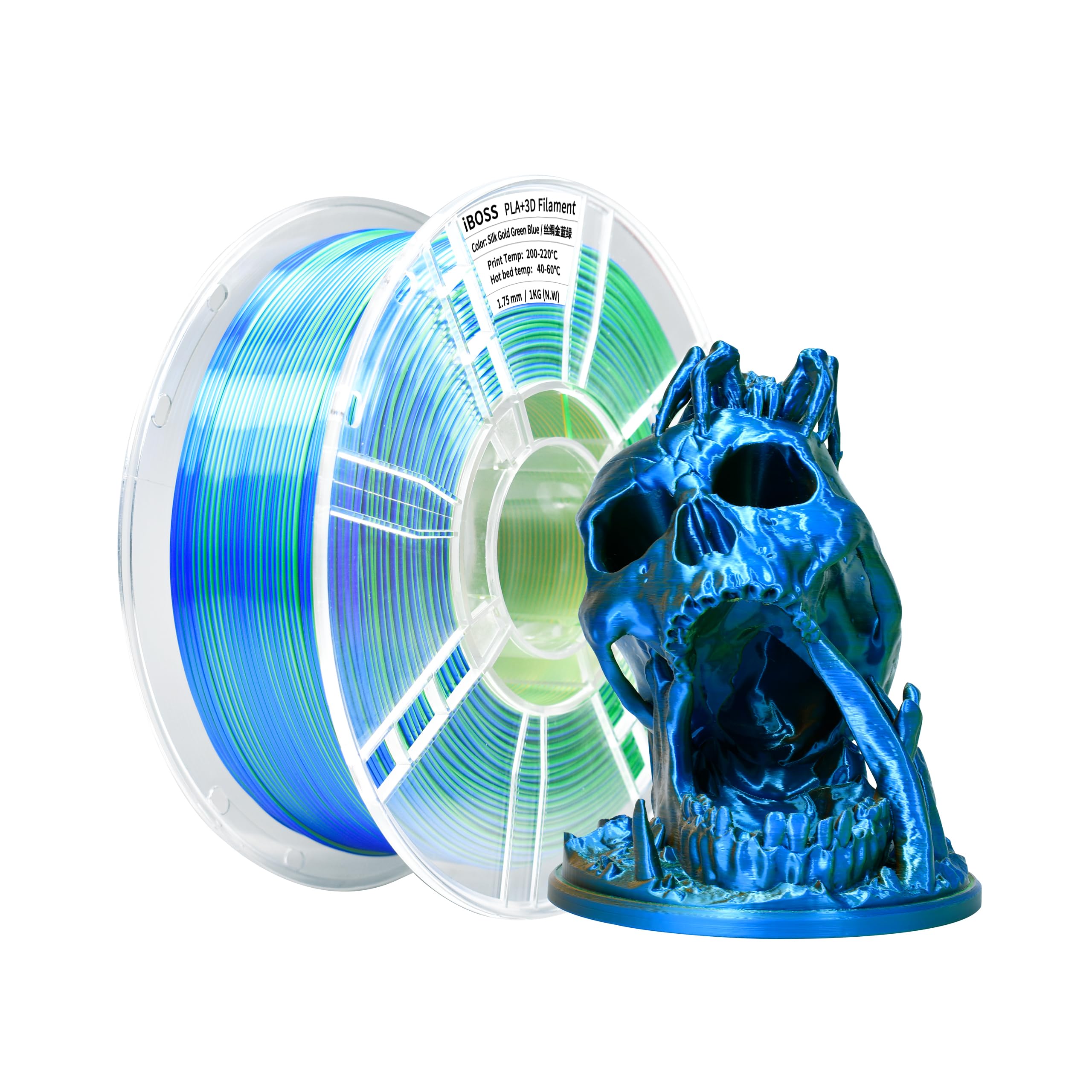 iBOSS Dreifarbiges PLA+ Filament aus Seide, 1,75 mm, 3D-Drucker-Filament PLA Plus +/-0,02 mm, 1 kg/Spule, Hochglänzende Oberfläche, Seide Gold, Grün und Blau