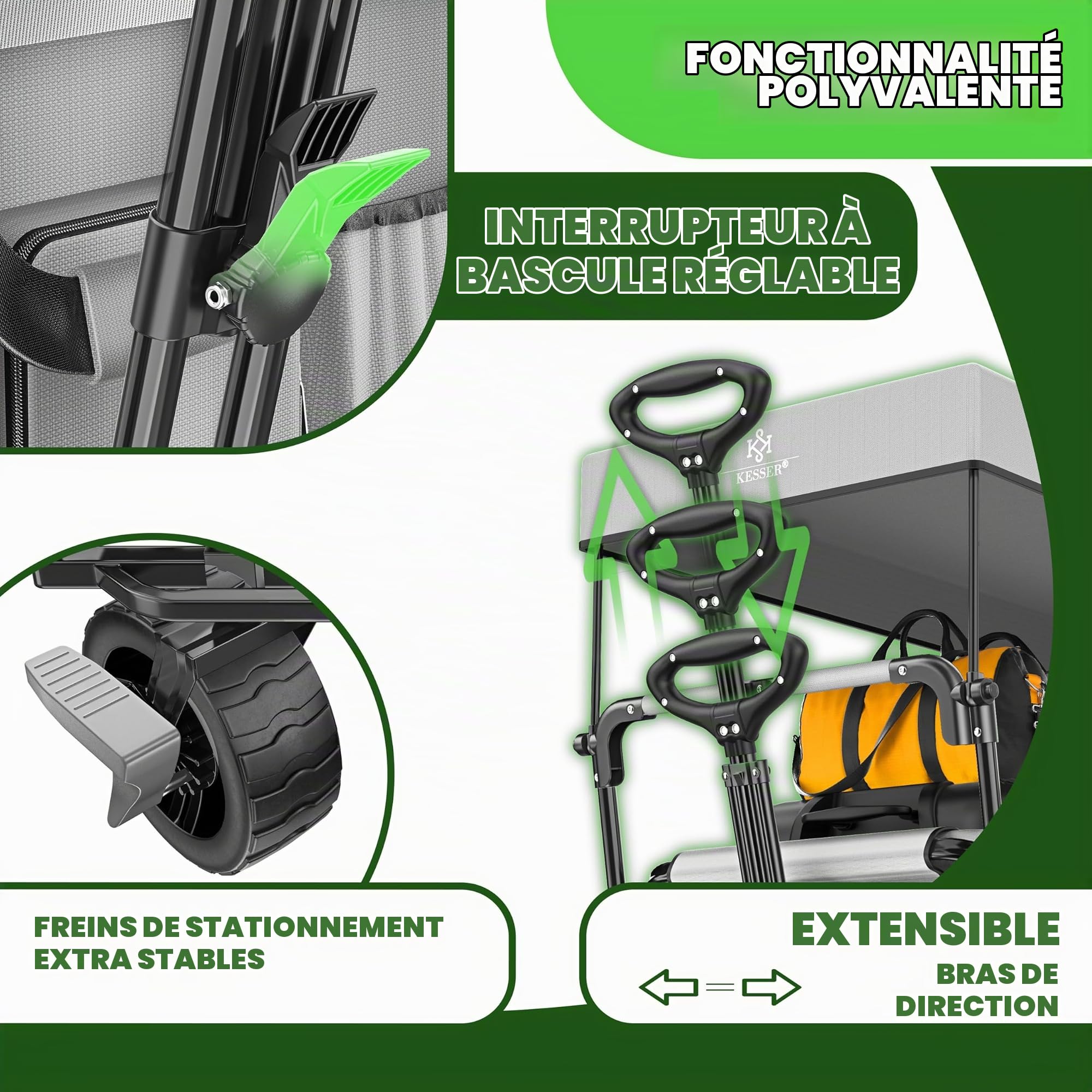 KESSER GT9000 Chariot de transport pliable avec toit - Charge maximale : 150 kg - Avec roues en caoutchouc dur et freins de stationnement (avant et arrière) - Avec serrure, couverture, intempéries et