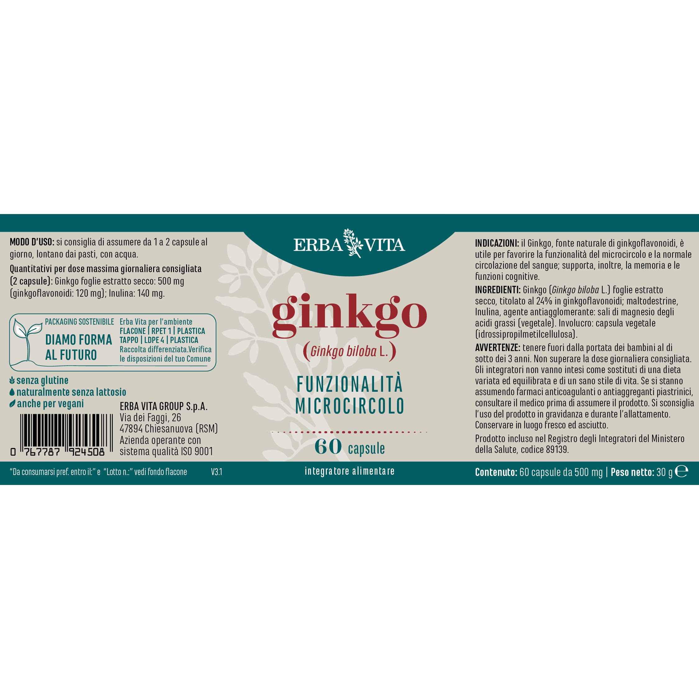 Erba Vita Integratore Alimentare di Ginkgo - 60 Capsule