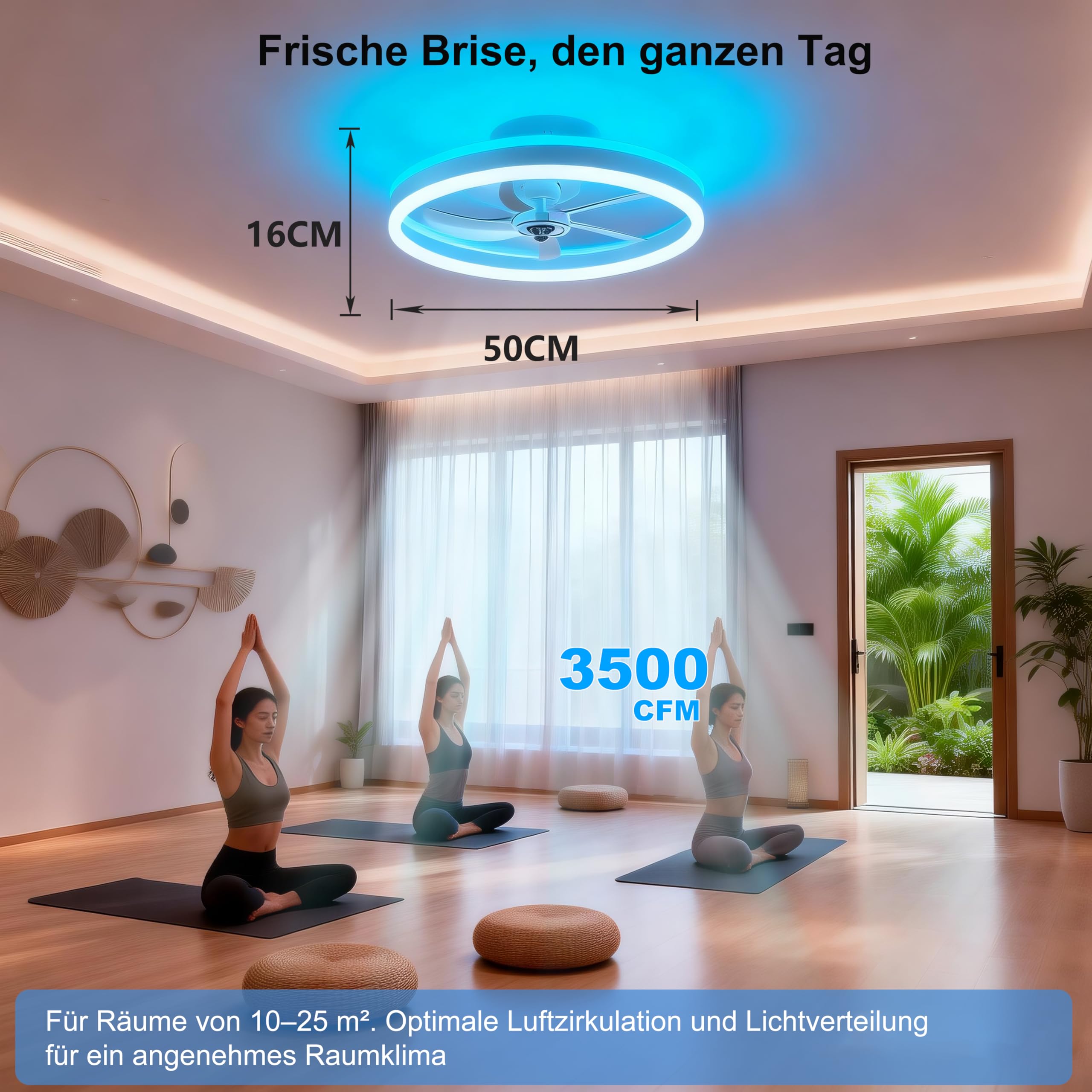 RGBCW-Deckenventilator mit Licht, 50CM Unterputz-Low-Profile-Smart-Ventilator-Licht-App und Fernbedienung, 6 Geschwindigkeiten umkehrbar, dimmbar RGB-Ambiente Deckenleuchte für Schlafzimmer Wohnzimmer