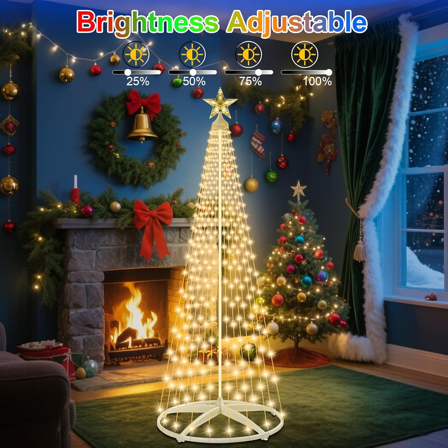 7.5Ft 312 LED Solar Christmas Cone Tree Lights with Star Topper, Outdoor Christmas Tree with 11 Modes Timer Remote, Dimmable, Waterproof for Yard Holiday Christmas Decoration, Warm White & Multicolor - Image 4