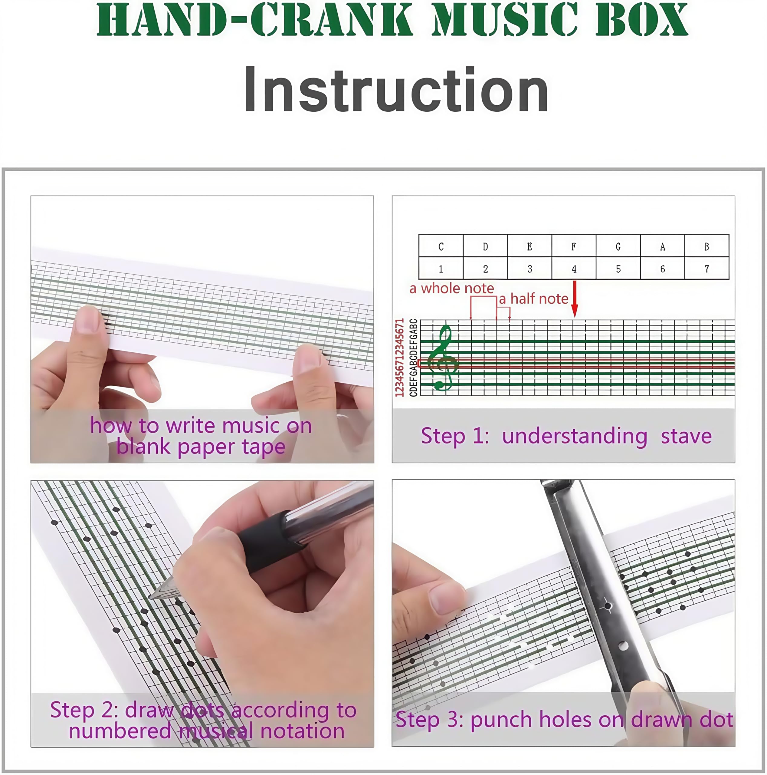 Cuzit Boîte à Musique à Manivelle En Bois à Monter - 15 Notes Avec Poinçon Et Papiers