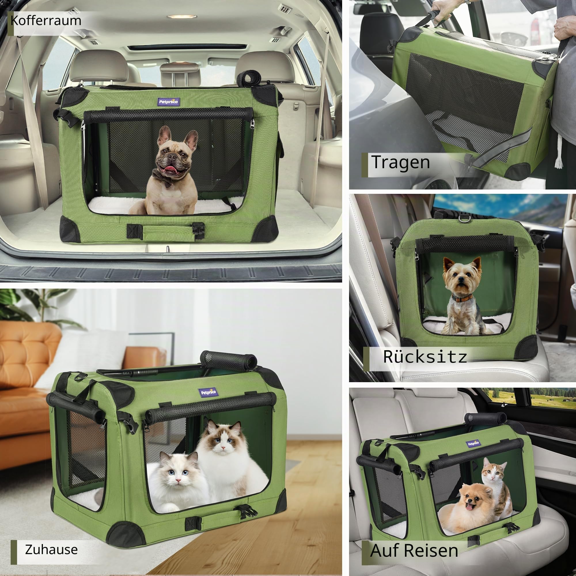 Petprsco Großer Katzentransportbox für 2 Katzen oder kleine Hunde, weicher Haustier-Transportkorb 60x42x42 cm zum Reisen mit Warmer Decke, Faltbarer Schüssel und waschbarem Pad