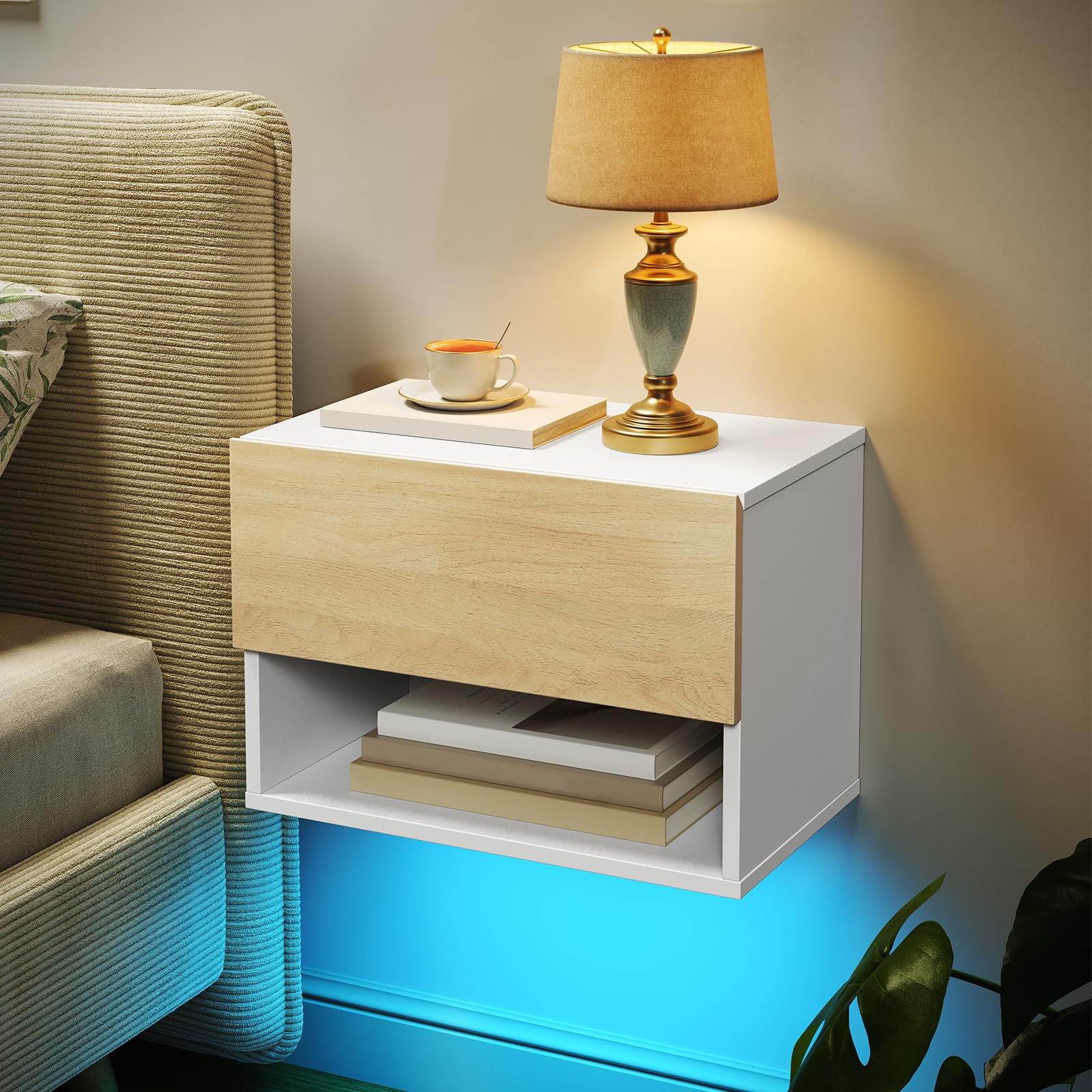 HOOBRO Mesita de Noche Flotante con Tira LED RGB, Mesa Auxiliar de Pared con 1 Cajón y 1 Compartimento, Mesa de Sofá, para Dormitorio, Sala de Estar, Blanco y Natural EWN202DBZ01