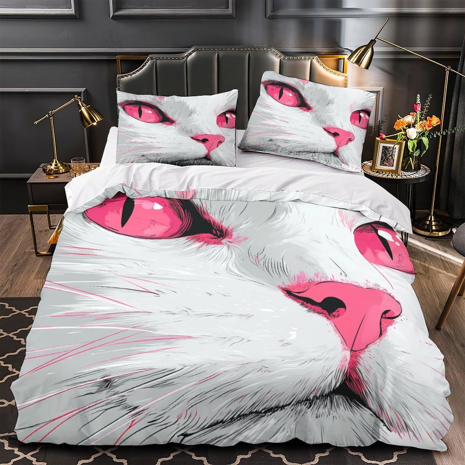 Housse de couette chat yeux roses hypoallergénique avec zip super douce