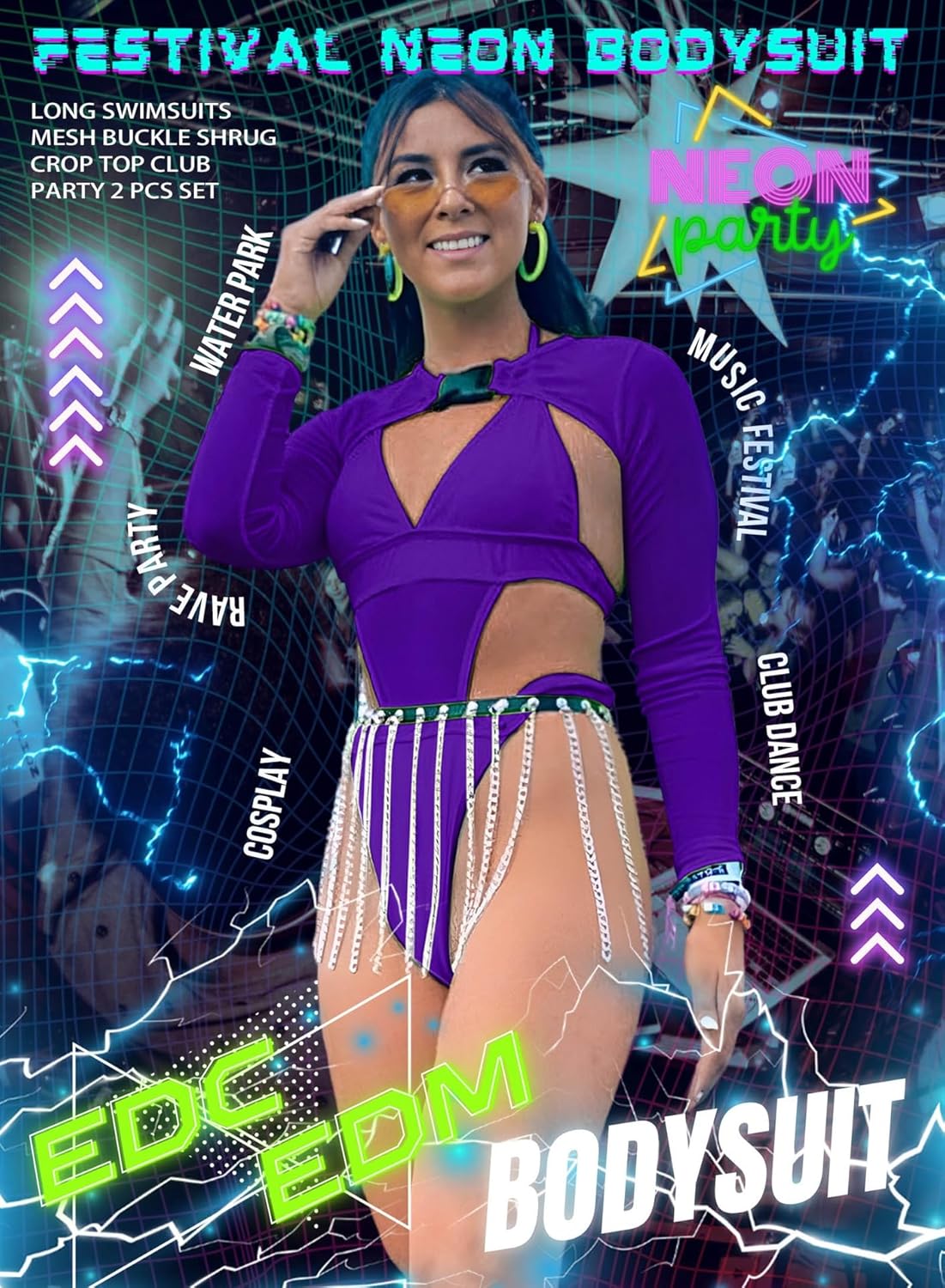 Rave Outfits for Womens EDC Festival Neon Bodysuit Long
