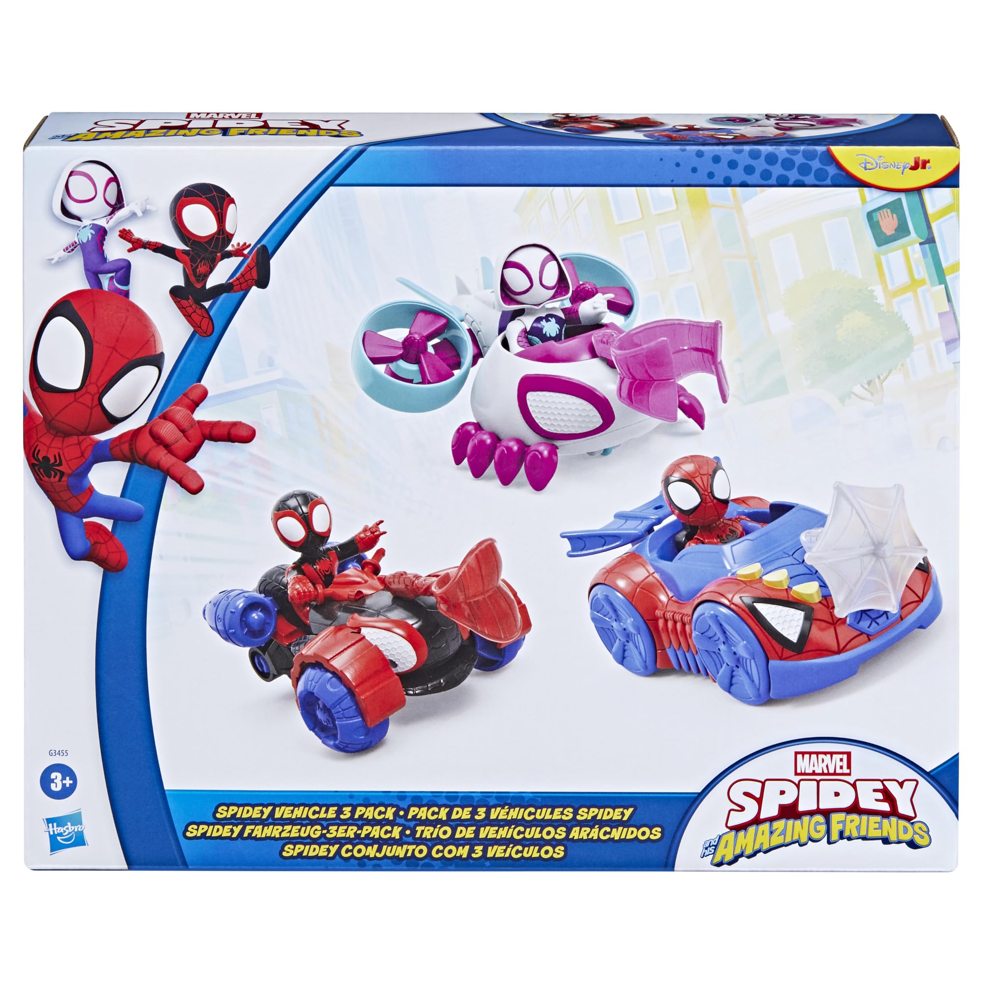 Marvel Spidey and His Amazing Friends, Pack Triple de Figuras y vehículos de Juguete, 3 Figuras articuladas de 7,6 cm, 3 vehículos, 3 Accesorios, Juguetes de superhéroes, A Partir de 3 años