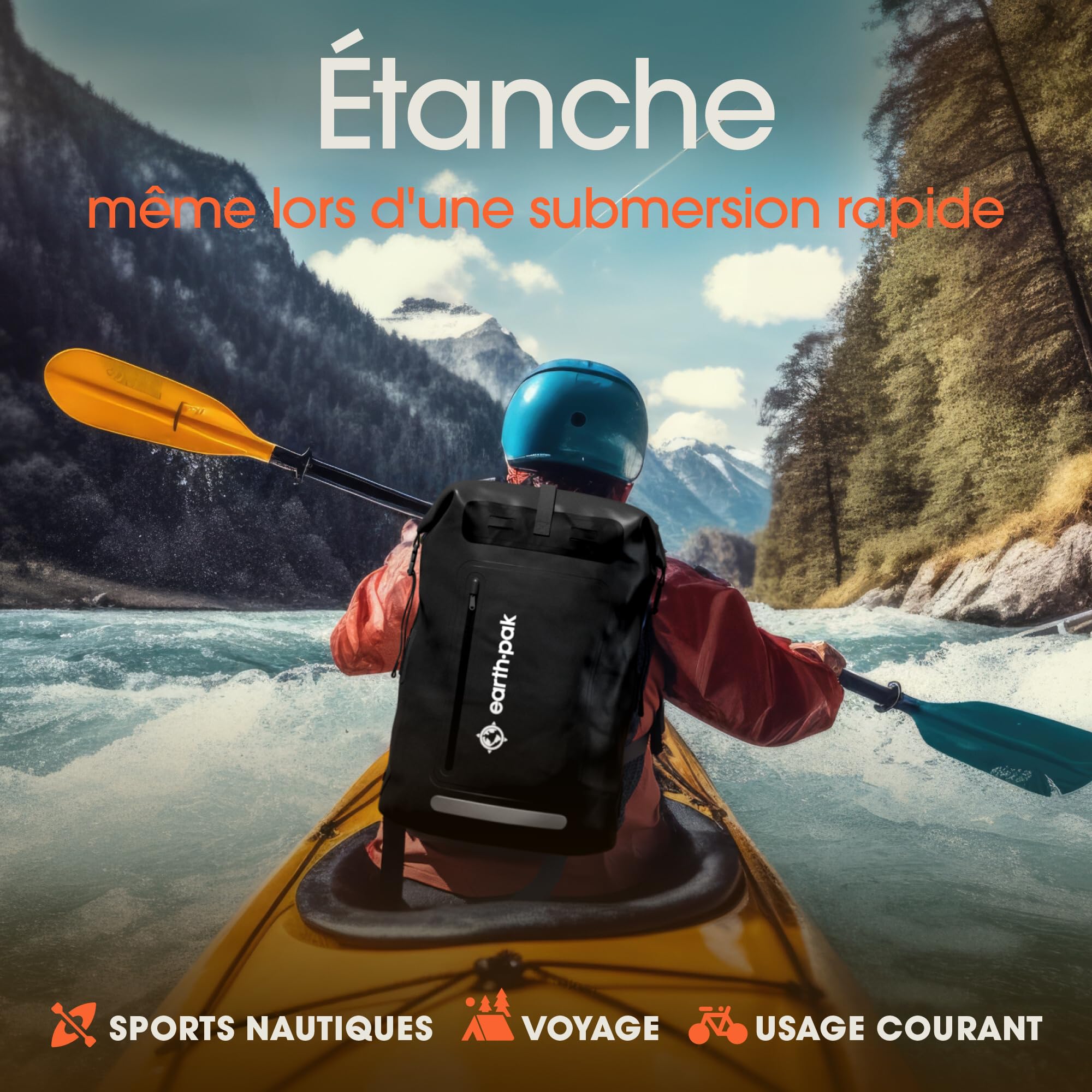 Earth Pak Sac à dos imperméable – Fermeture robuste enroulable avec poche avant zippée facile d'accès et panneau arrière rembourré pour plus de confort avec étui étanche IPX8