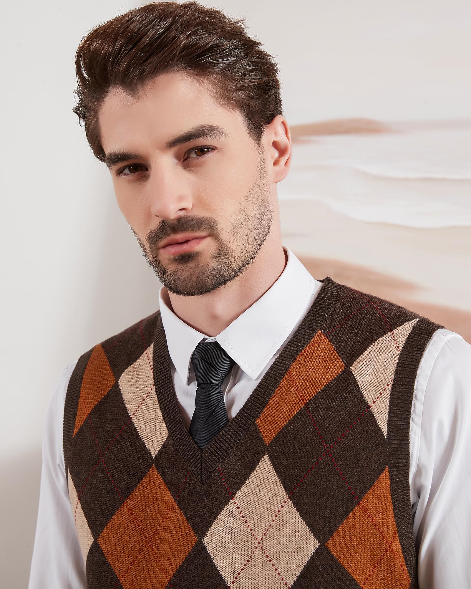 Kallspin Hommes Pull sans Manches Argyle Laine mélangée Gilets tricotés Pull à col en V Gilet Pullover