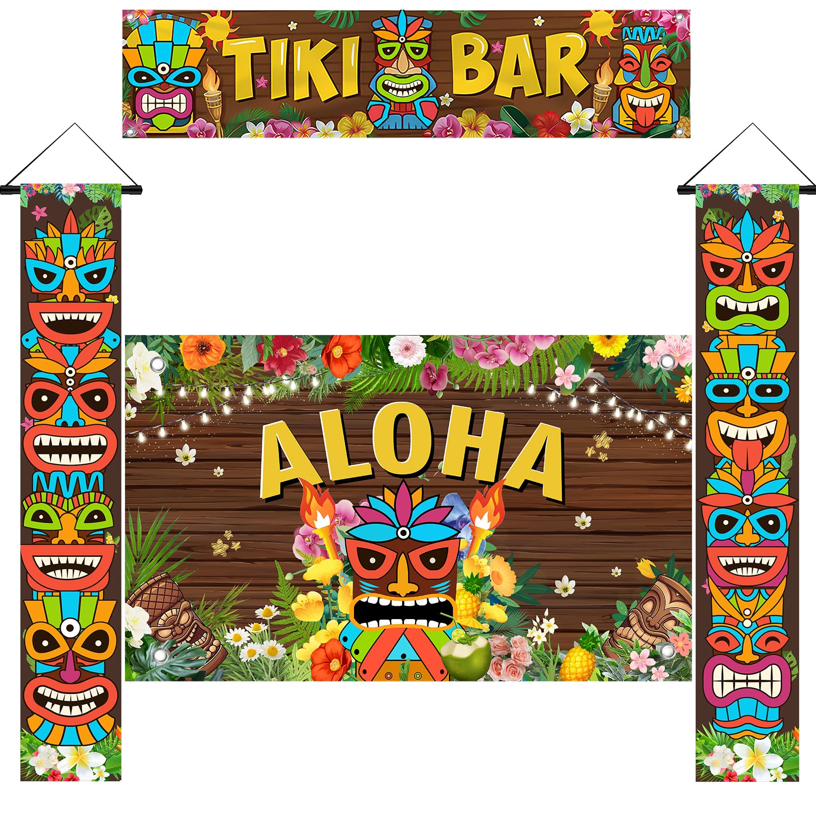 Aloha Luau Party Decorations 4pcs Tiki Totem Door Banner Sign Porch Cover Tiki Background Photography Wall Hanging Decor for Aloha Hawaii Luau Tropical Moana Birthday Carnival Party Outdoor