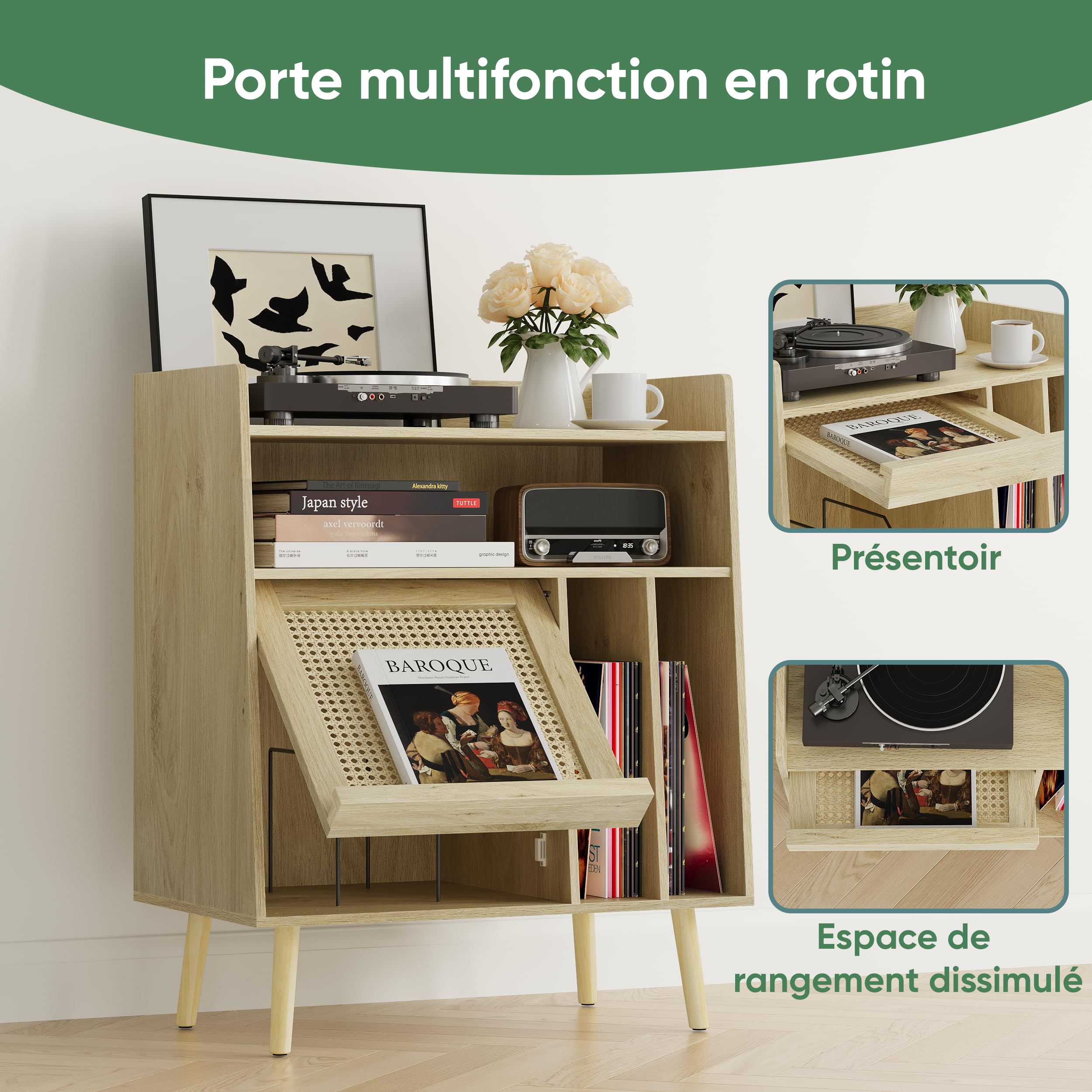 Kiasthome Schallplattenschrank, Vinyl Aufbewahrung mit Plattenspieler-Tisch für Wohnzimmer (Hellholz Rattan - Hoch)